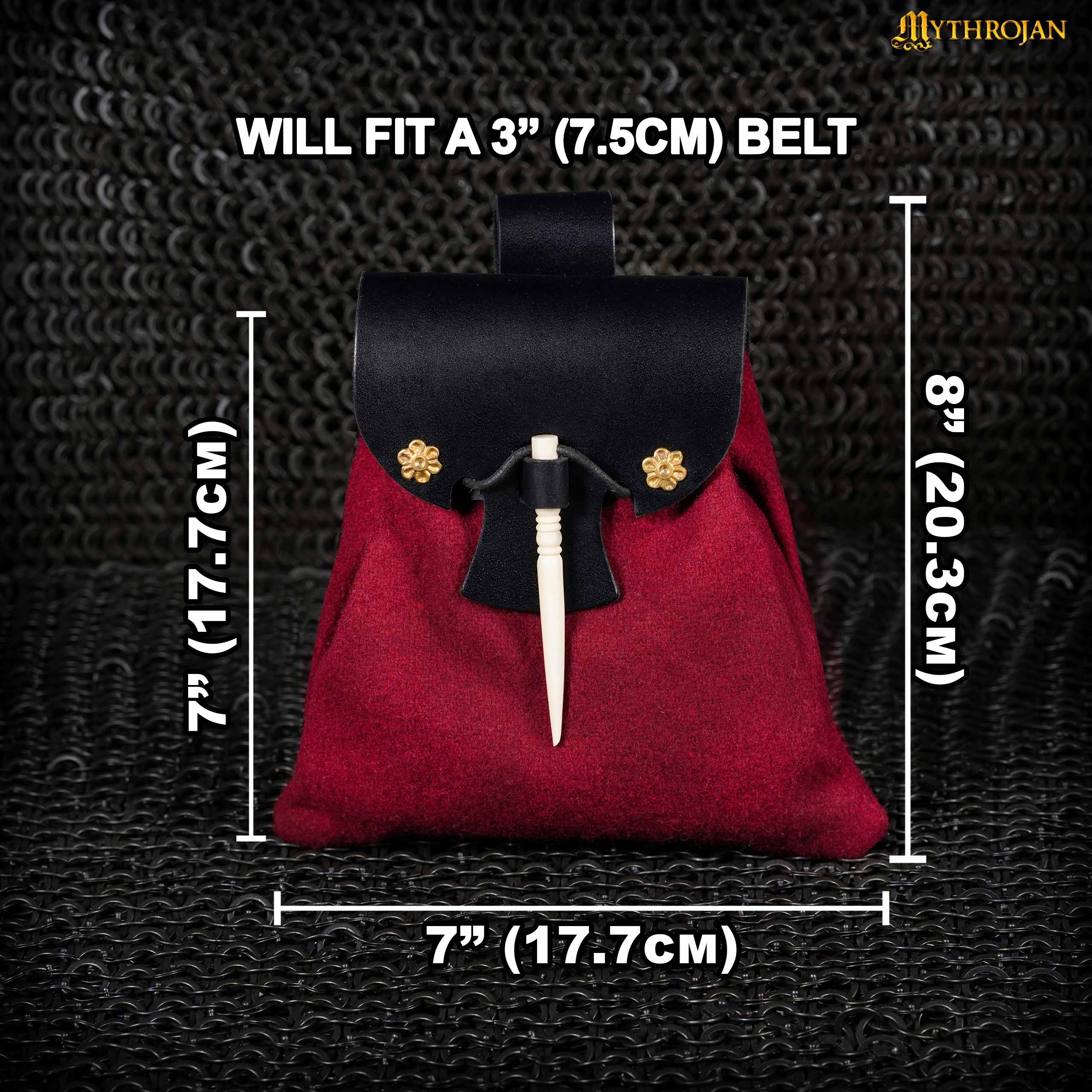 Mythrojan “Gold and Dice” Medieval Fantasy Belt Bag with Bone Needle Closure, Ideal for SCA LARP reenactment & Ren fair, Black and Maroon, 7”×7”