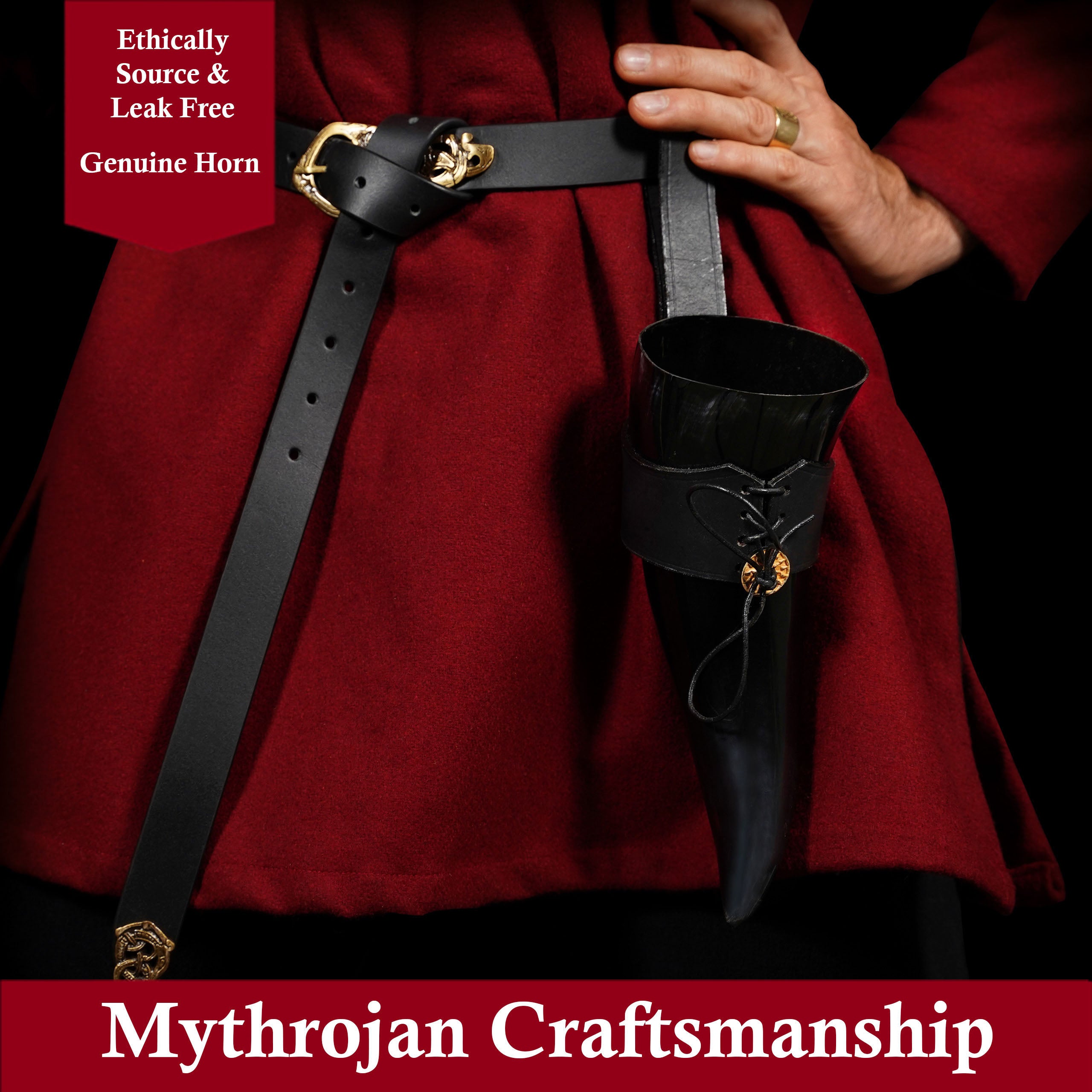 Mythrojan Viking Drinking Horn with Black Leather Holder Authentic Drinking Horn Norse Beer Horn Drinking Horn , 500ml