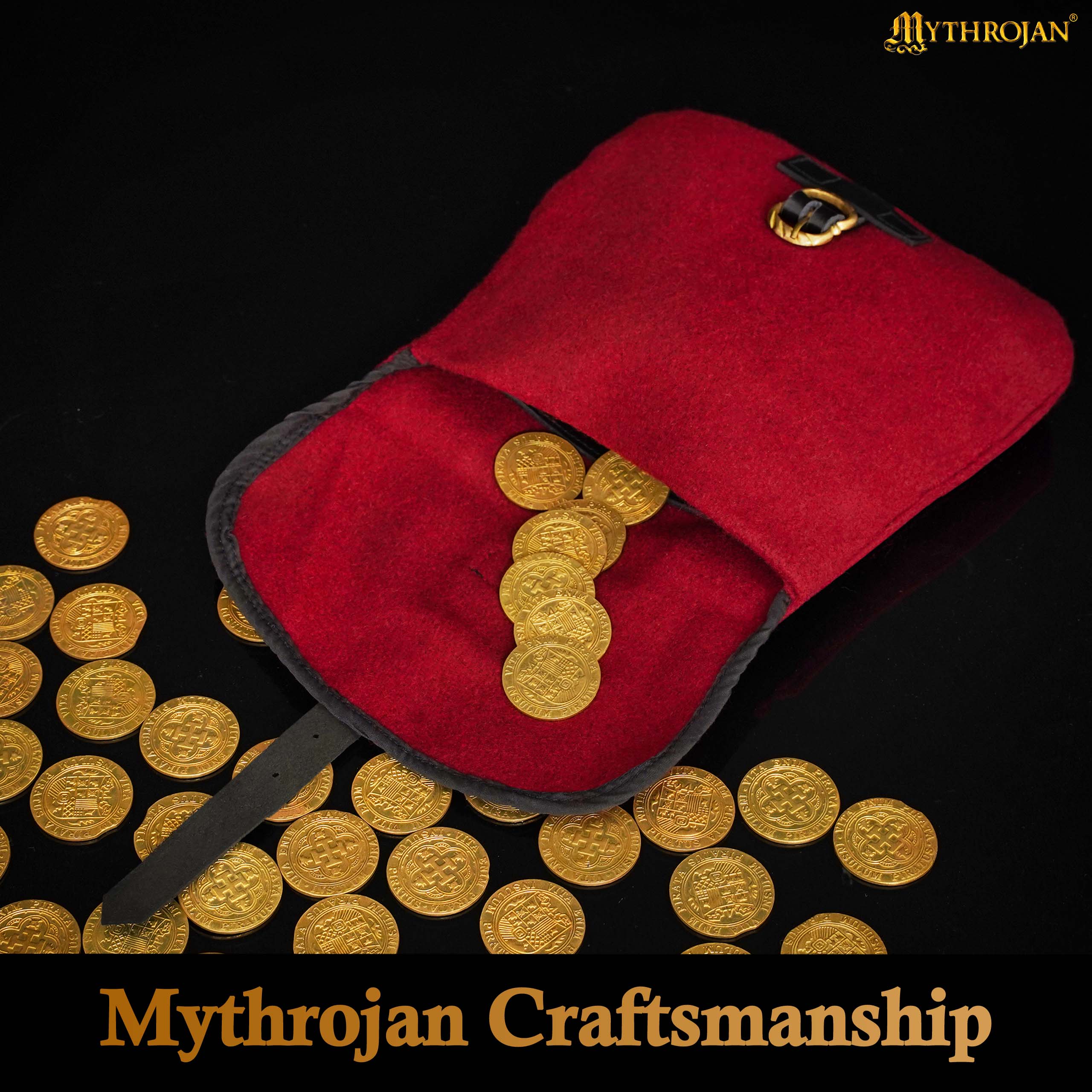 Mythrojan Late Medieval Belt Bag, Ideal for SCA LARP Reenactment & Ren fair, Full Grain Leather and Wool , Maroon , 6.2 ”× 7"
