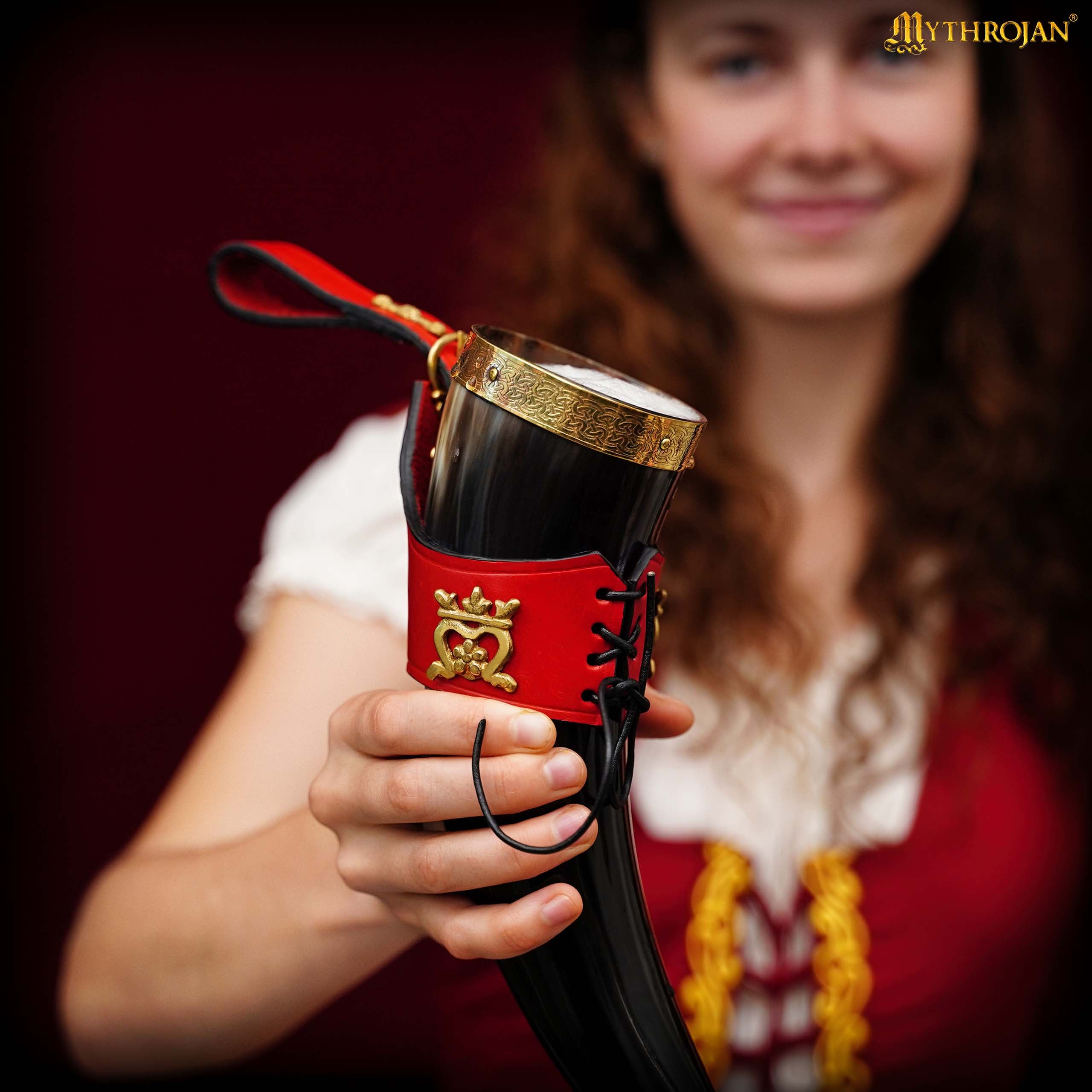 Mythrojan THE ELEGANT LADY Viking Drinking Horn with Red Leather holder Authentic Medieval Inspired Viking Wine/Mead Mug - Polished Finish - 350ML