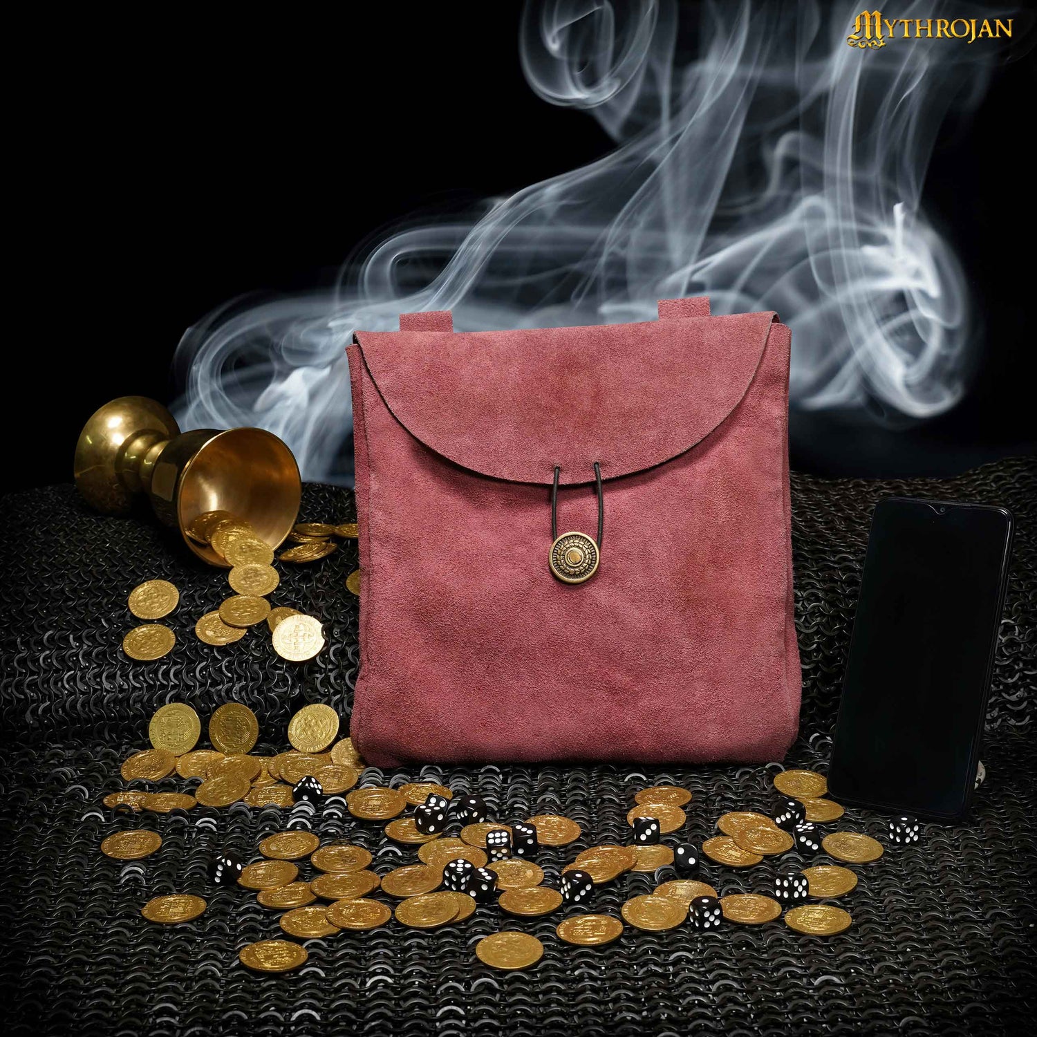 Mythrojan Large Suede Belt Bag, Ideal for SCA LARP Reenactment & Ren fair, Suede Leather, Burgundy , 9 ”× 9 ”
