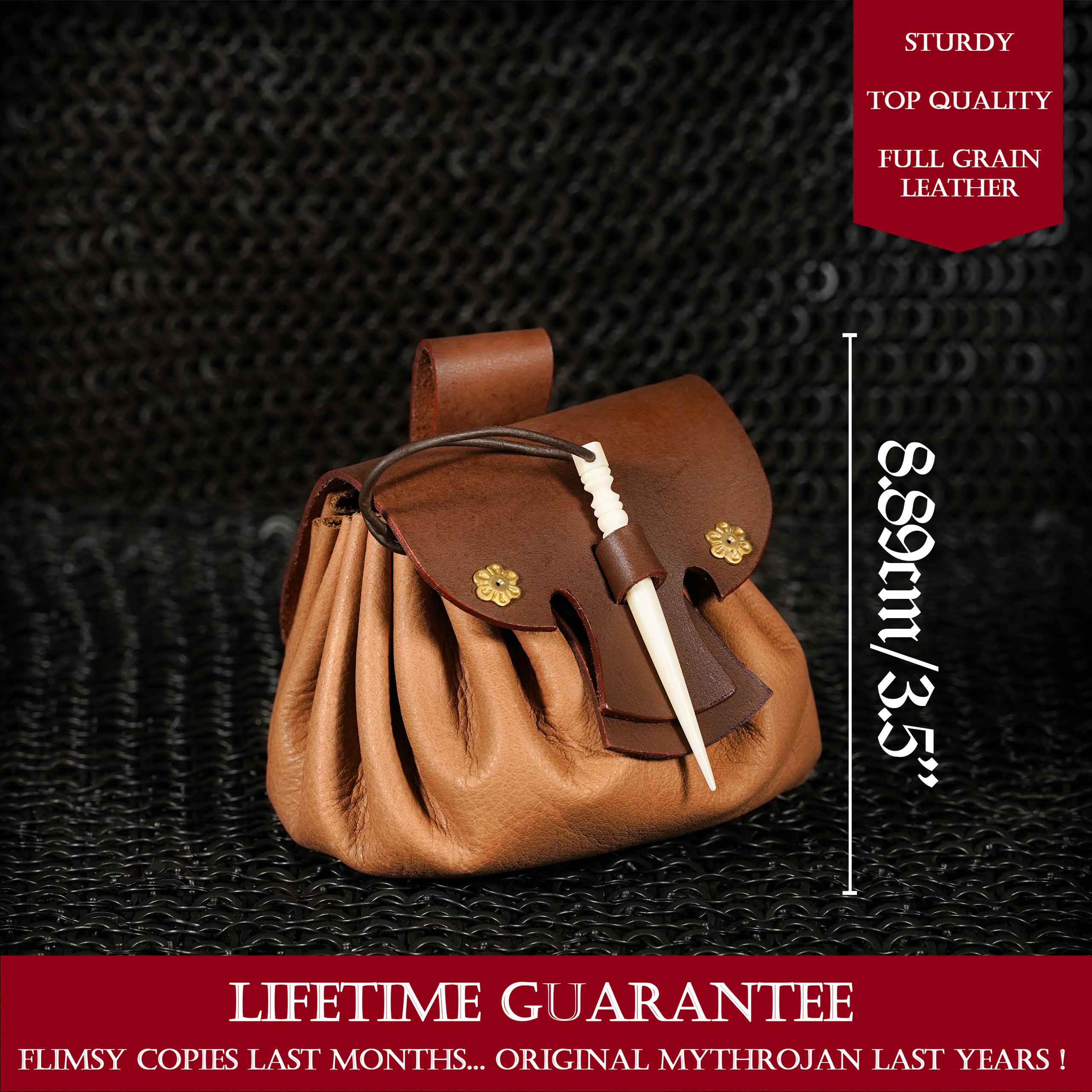 Mythrojan “Gold and Dice” Medieval Fantasy Belt Bag with Bone Needle Closure, Ideal for SCA LARP Reenactment & Ren fair, Brown, 3.5”