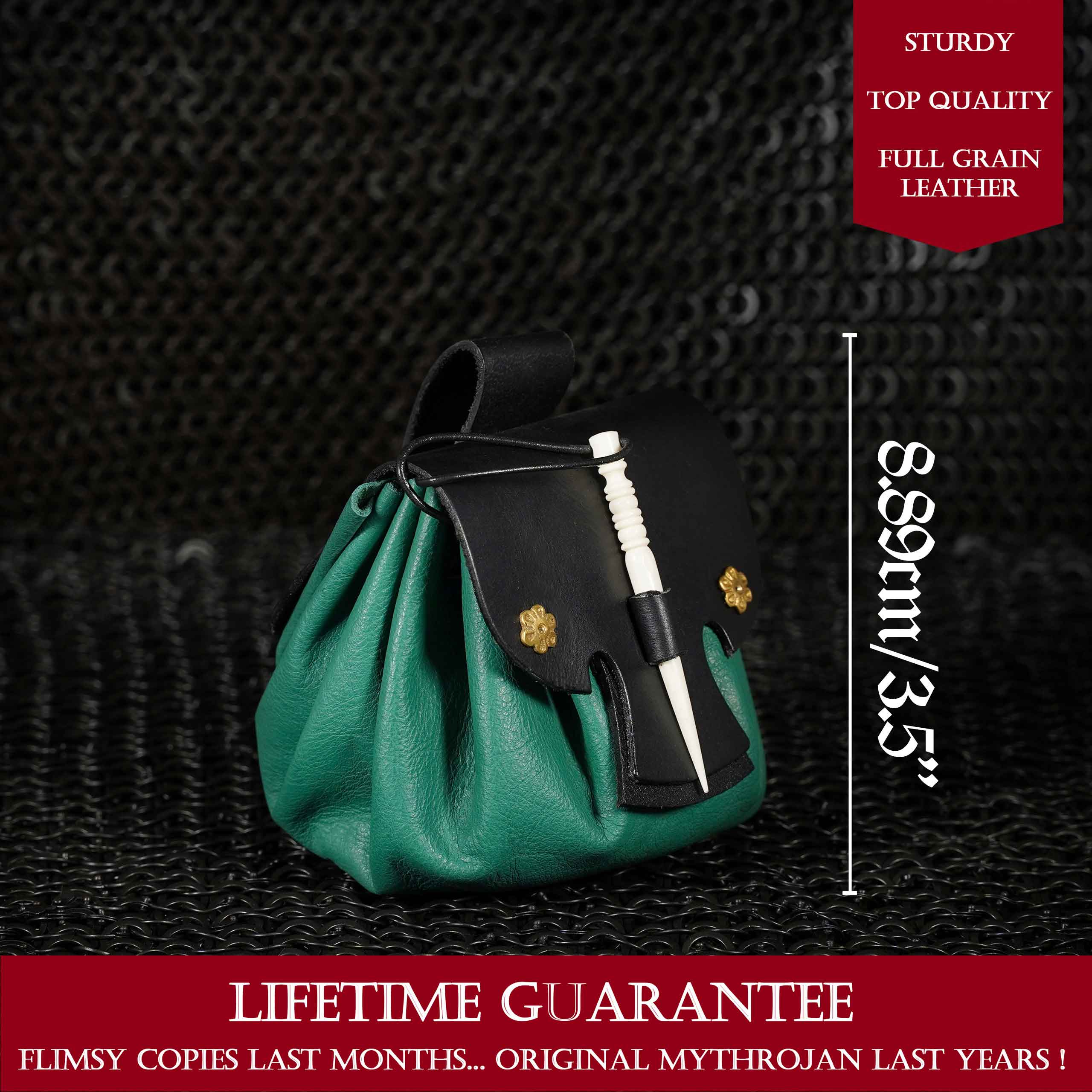 Mythrojan “ Gold and Dice ” Medieval Fantasy Belt Bag with Bone Needle Closure, Ideal for SCA LARP Reenactment & Ren fair, Green, 3.5”