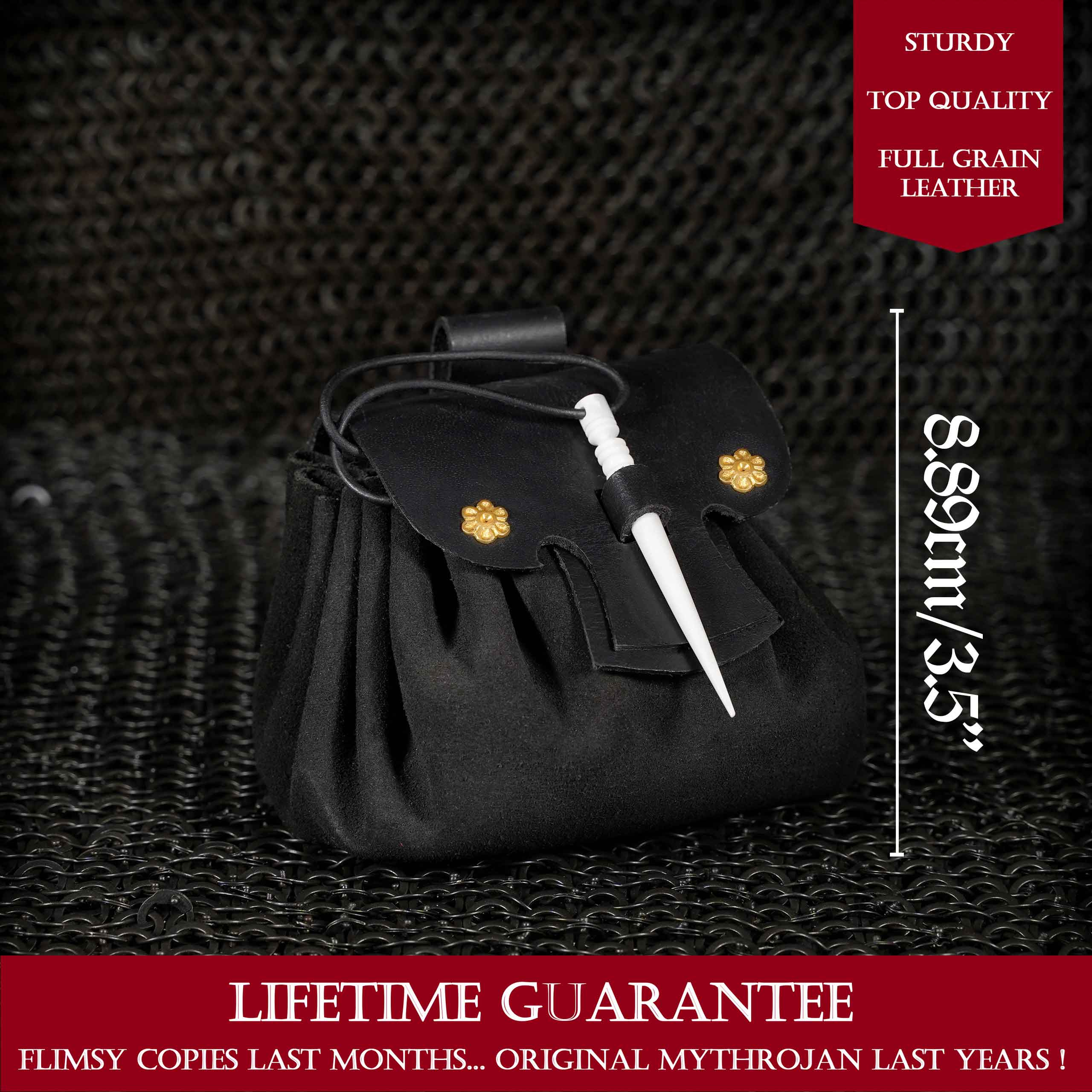 Mythrojan “ Gold and Dice ” Medieval Fantasy Belt Bag with Bone Needle Closure, Ideal for SCA LARP Reenactment & Ren fair, Black, 3.5”