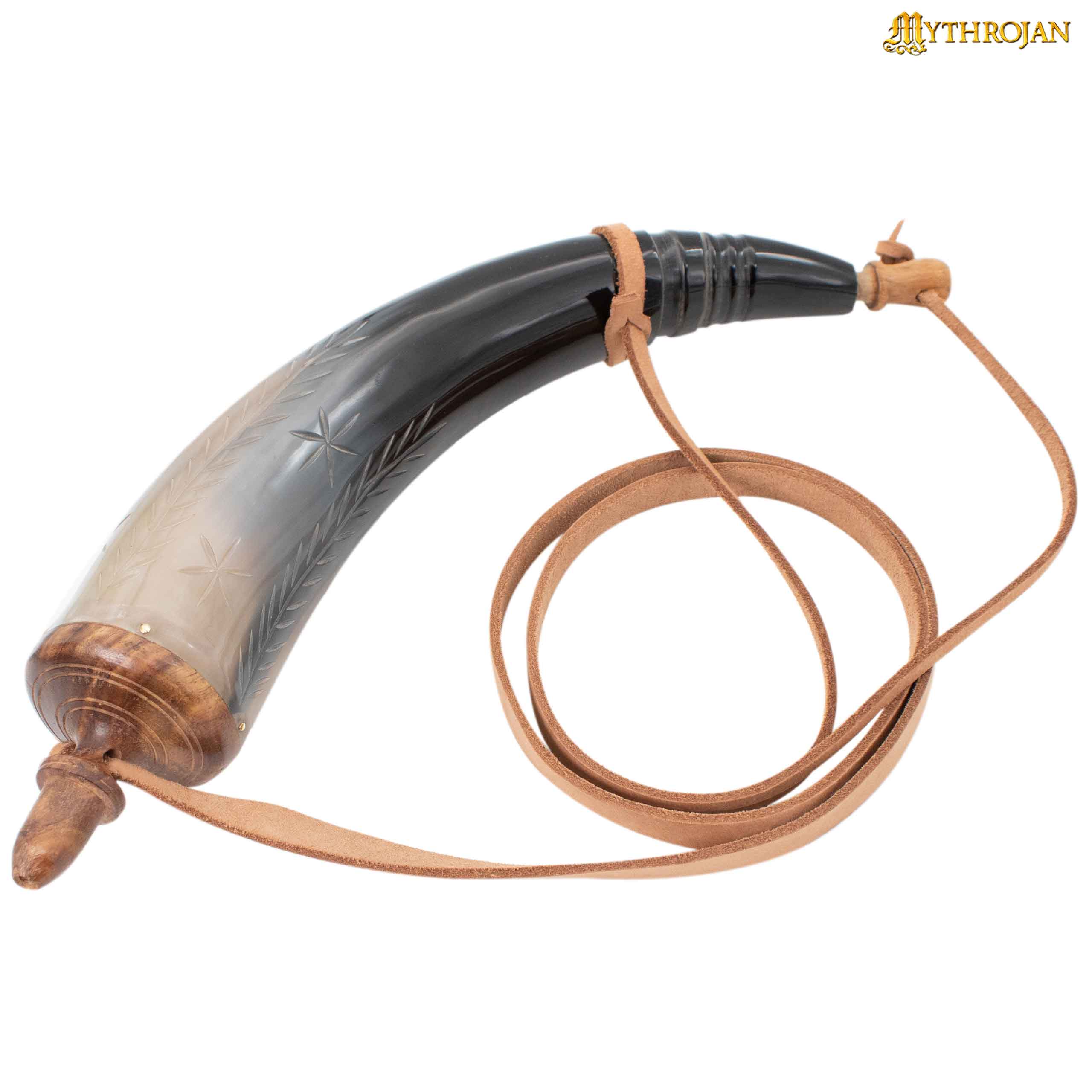 Mythrojan Hand Carved Powder 14" Horn with Leather Strap for Civil War Re-Enactment Black Powder - Mountain Man Reenactment - Natural