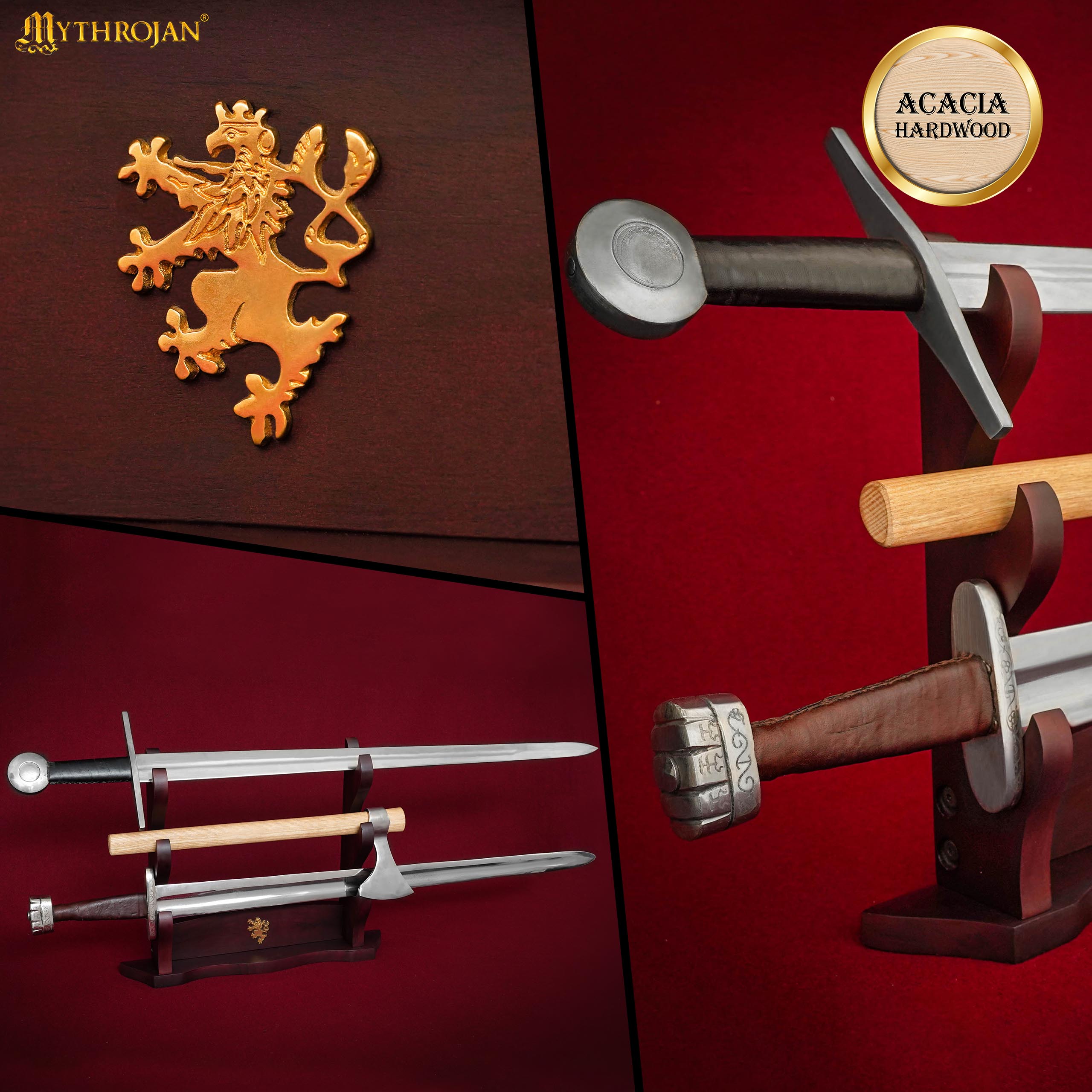 Mythrojan Solid Wood Sword Stand Medieval Sword Wall Mount Samurai Sword Display Stand Katana Sword Holder Gladiator Sword Wall Display Crusader Sword Stand Knife Stand for Display - Three Tier Sand 17" x 14"
