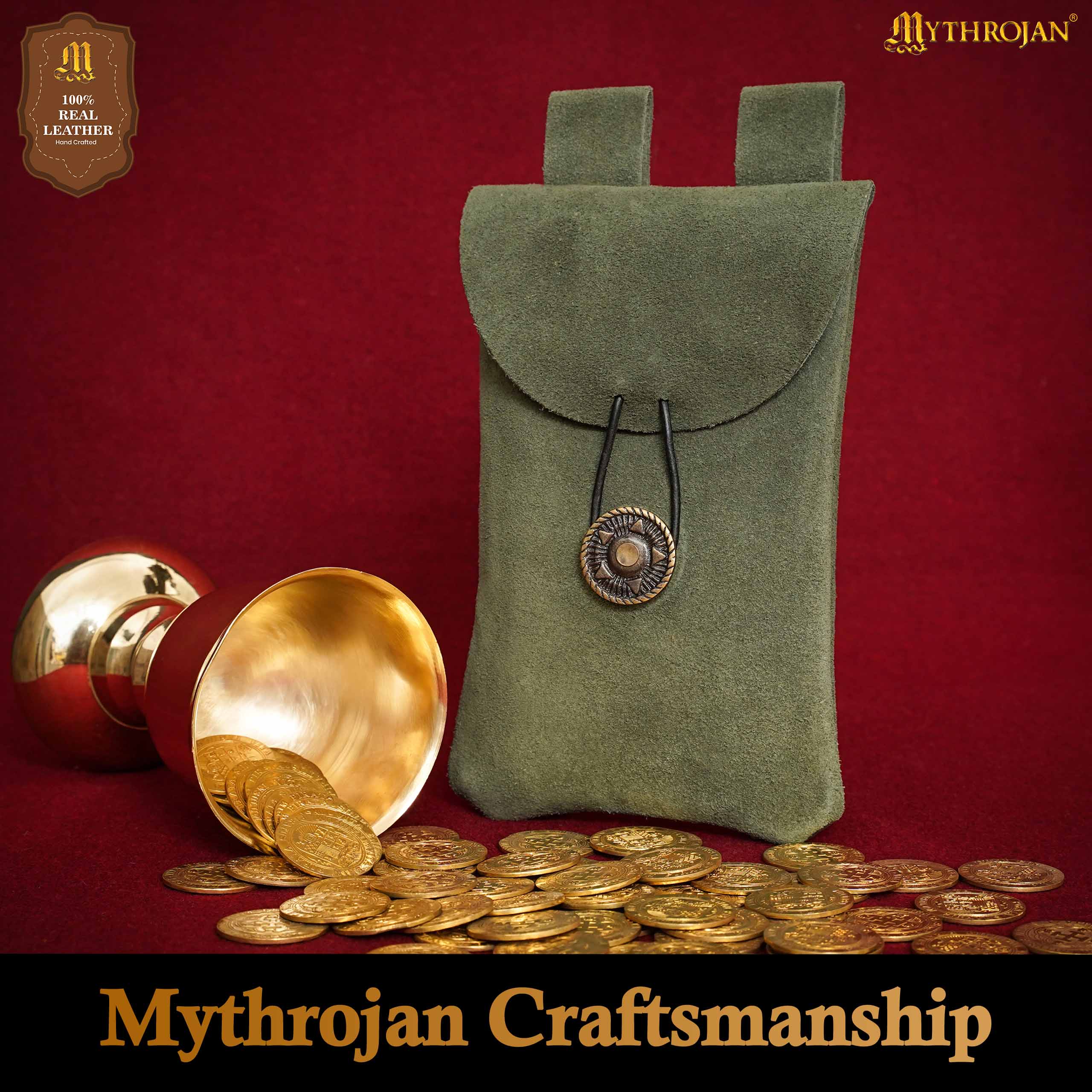 Mythrojan Suede Belt Bag, Ideal for SCA LARP Reenactment & Ren fair, Suede Leather, Dark Green , 7.2 ”× 4.7 ”