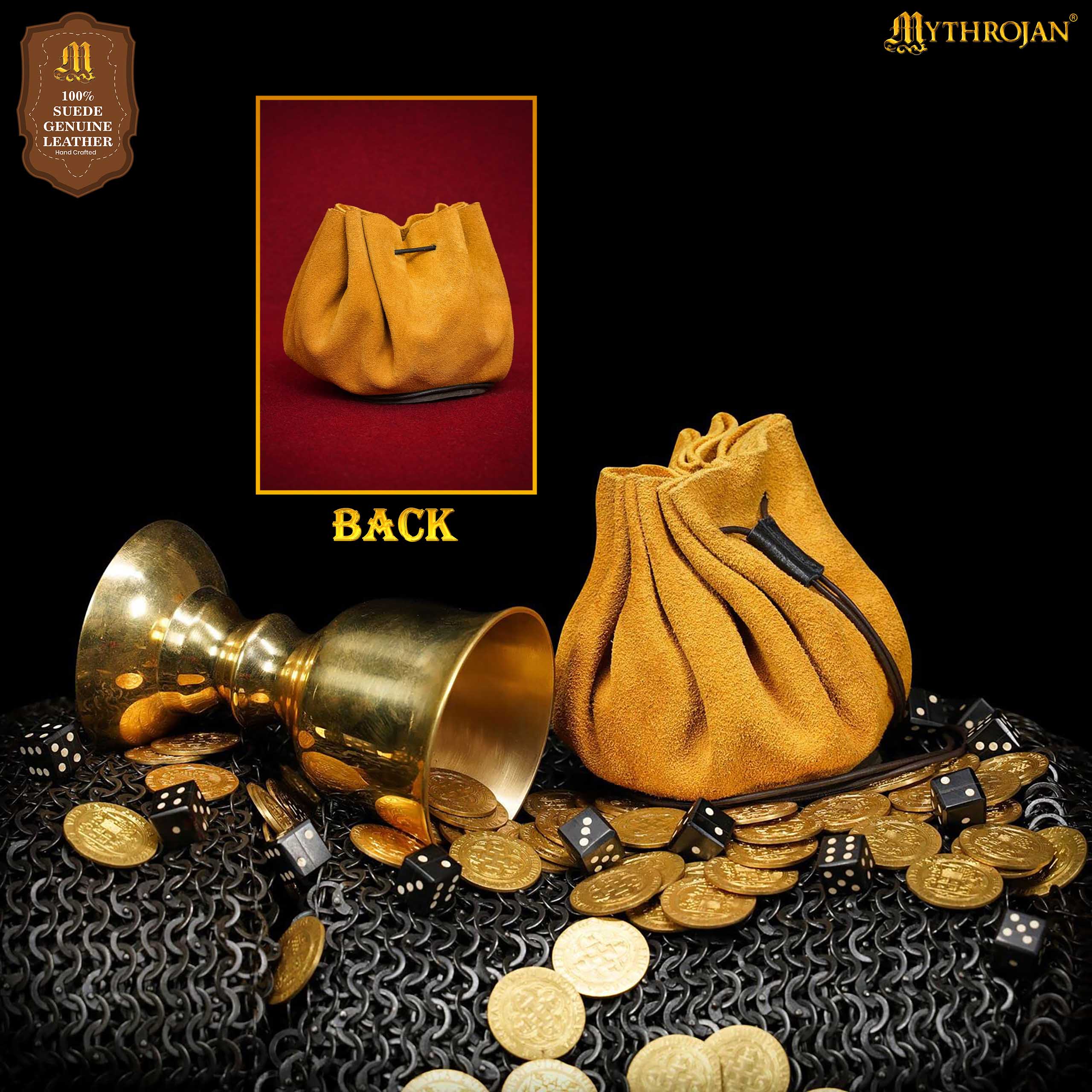 Mythrojan “ Gold and Dice ” Medieval Drawstring Pouch , Ideal for SCA LARP Reenactment & Ren fair : Suede Leather Bag , 3.5”