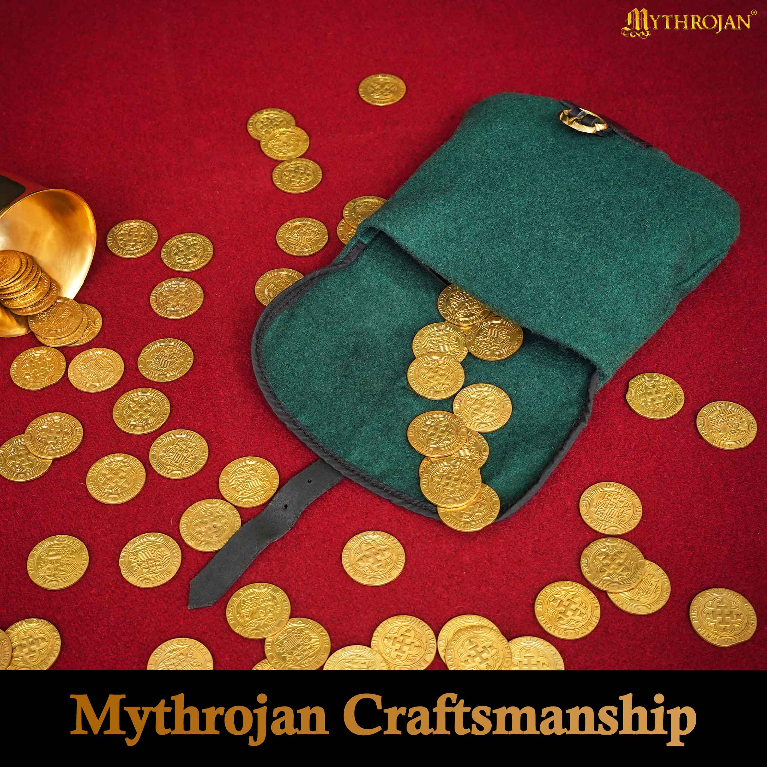 Mythrojan Late Medieval Belt Bag, Ideal for SCA LARP Reenactment & Ren fair, Full Grain Leather and Wool , Green , 6.2 ”× 7 ”