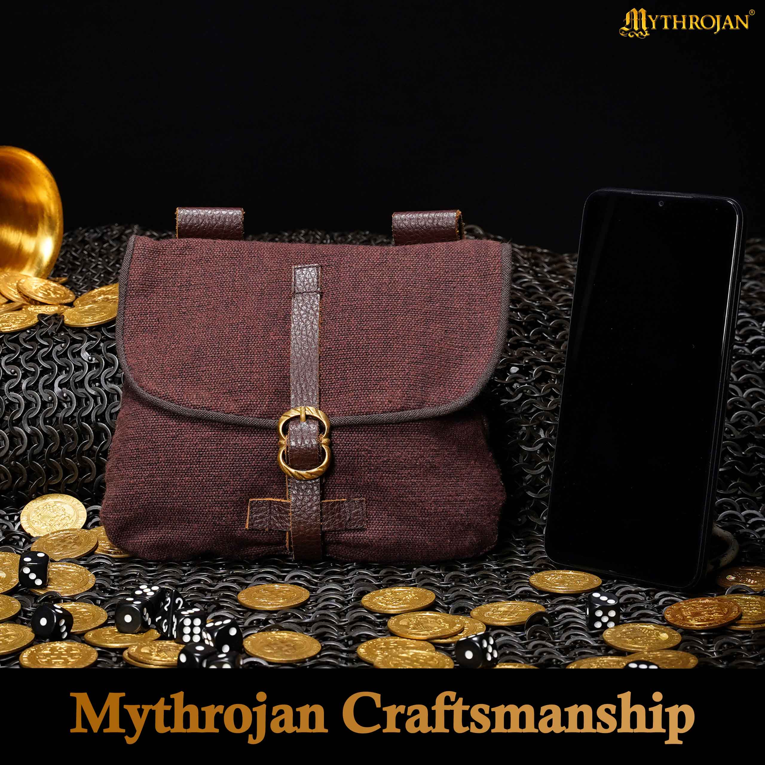 Mythrojan Late Medieval Belt Bag, Ideal for SCA LARP Reenactment & Ren fair, Handwoven Canvas , Brown , 6.2 ”× 7 ”