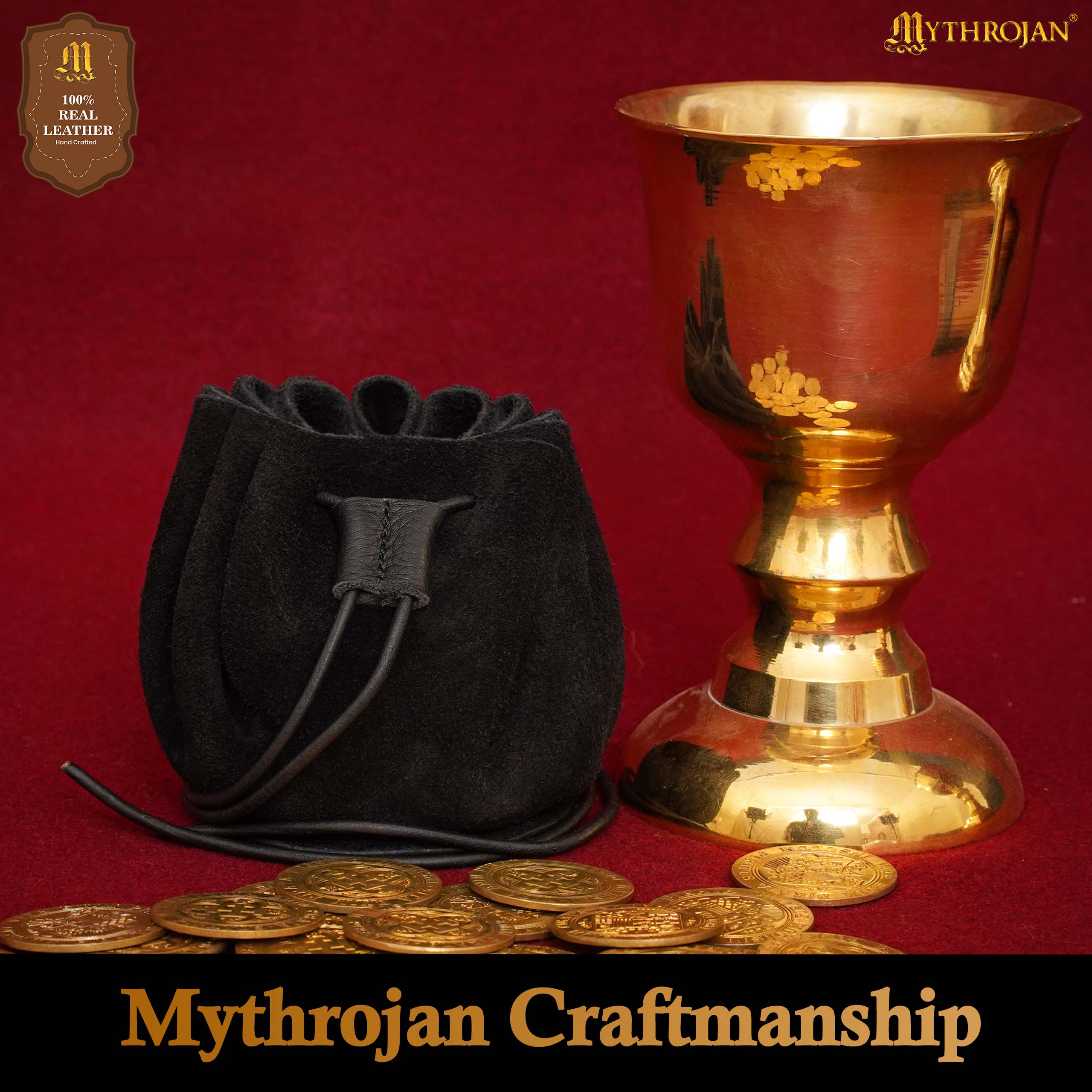 Mythrojan “Gold and Dice” Medieval Drawstring Bag, Ideal for SCA LARP Reenactment & Ren Fair-Suede Leather Pouch, Deep Black 2.5”