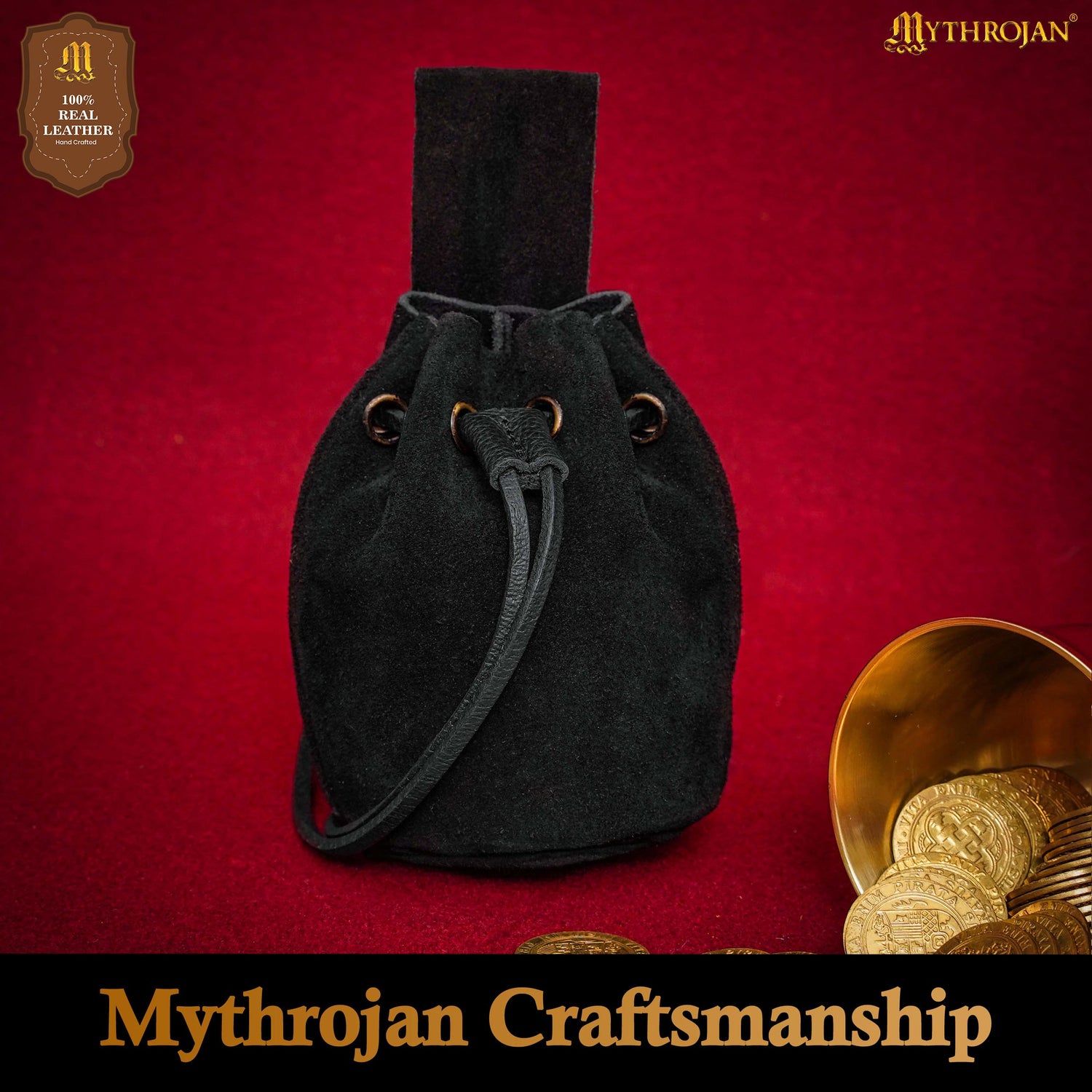 Mythrojan Medieval Drawstring Belt Bag, Ideal for SCA LARP Reenactment & Ren fair , Suede Leather , Black 6” ×5 ”