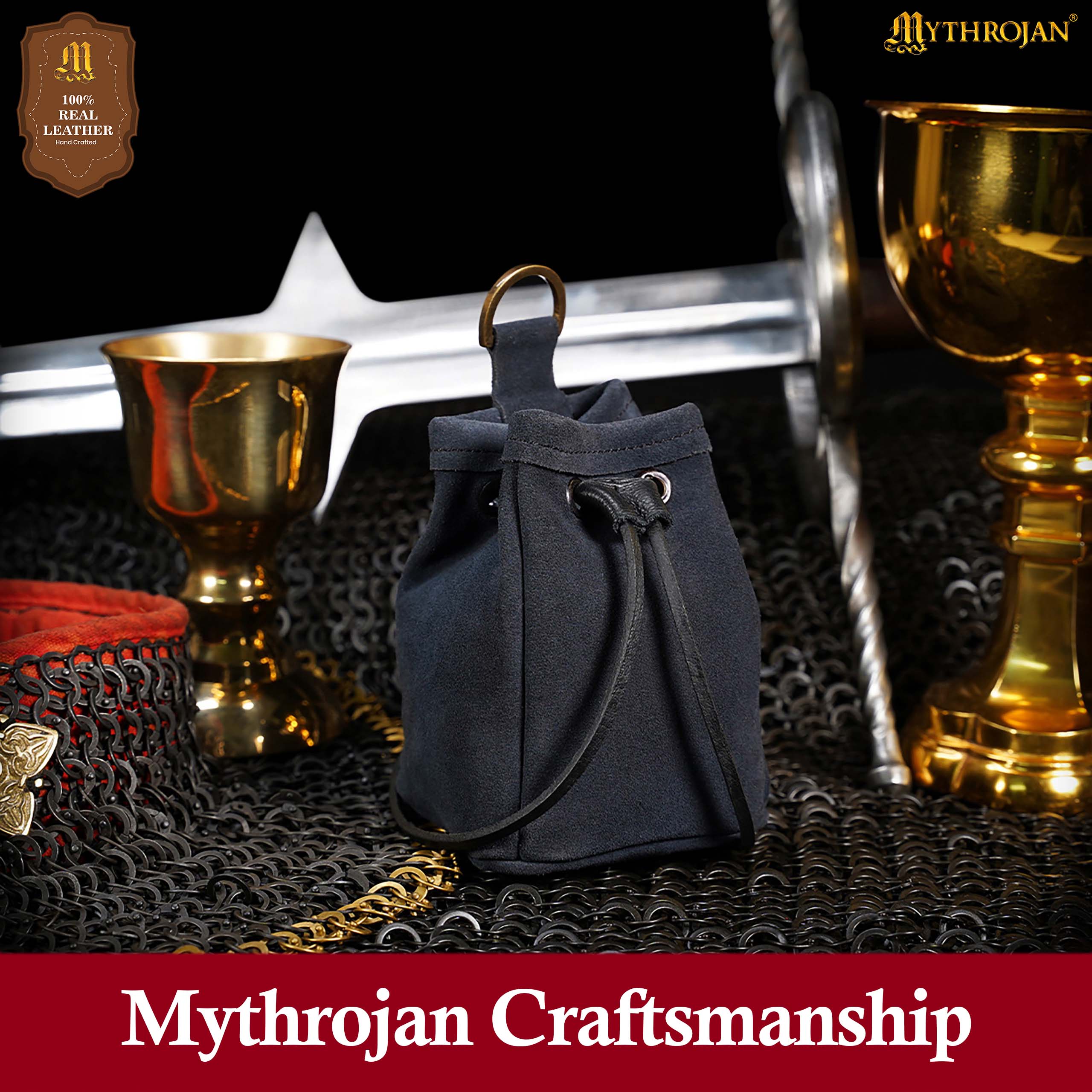Mythrojan Medieval Drawstring Belt Bag, ideal for SCA LARP reenactment & Ren fair, Suede Leather, Midnight Navy Blue, 5”×4”