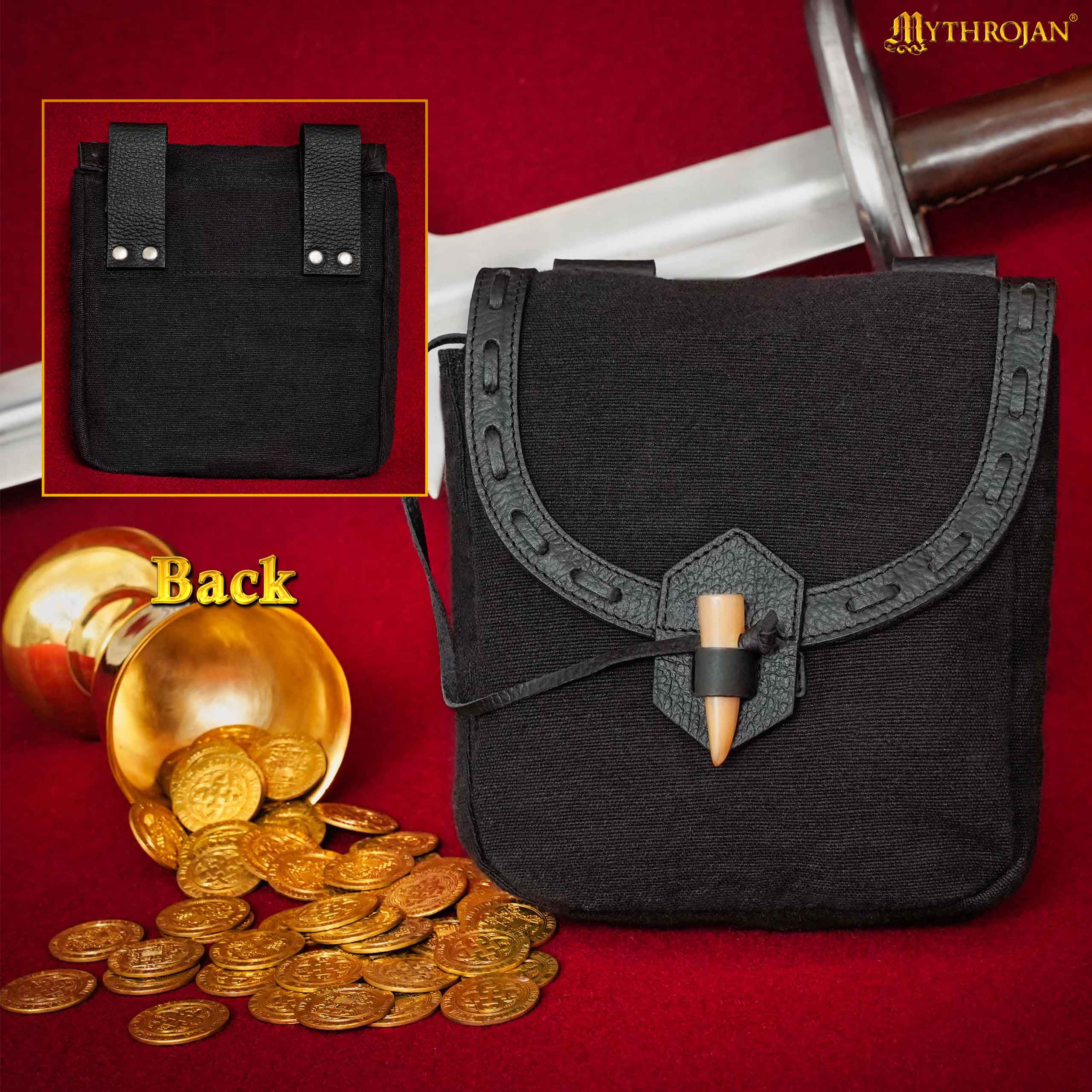 Mythrojan “The Adventurer’s” Belt Bag with Horn Toggle, Ideal for SCA LARP Reenactment & Ren fair, Full Grain Leather and Handwoven Canvas , Black , 8” × 7”