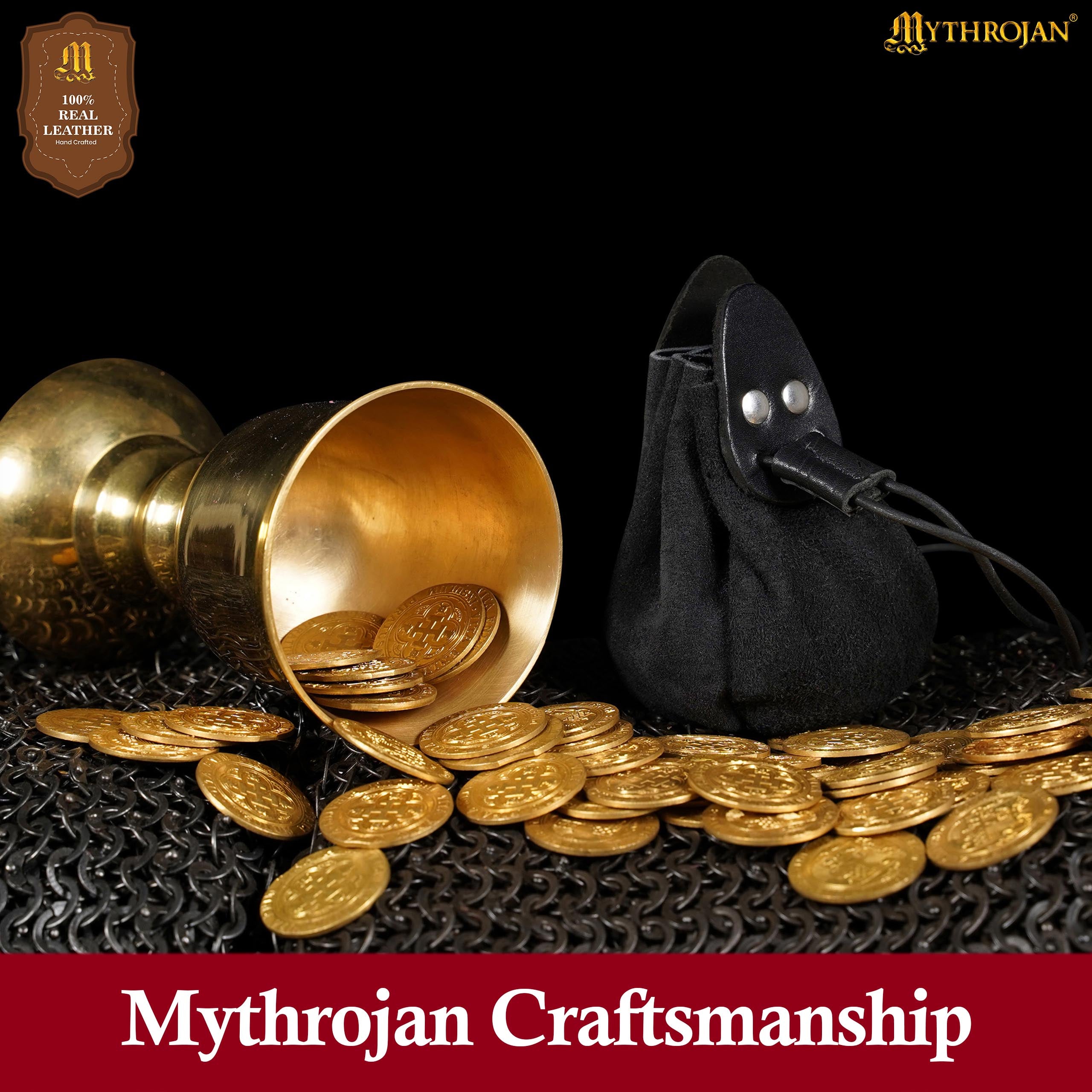 Mythrojan “Gold and Dice” Drawstring Pouch, Ideal for SCA LARP Reenactment & Ren fair - Suede Leather Pouch, Black, 4
