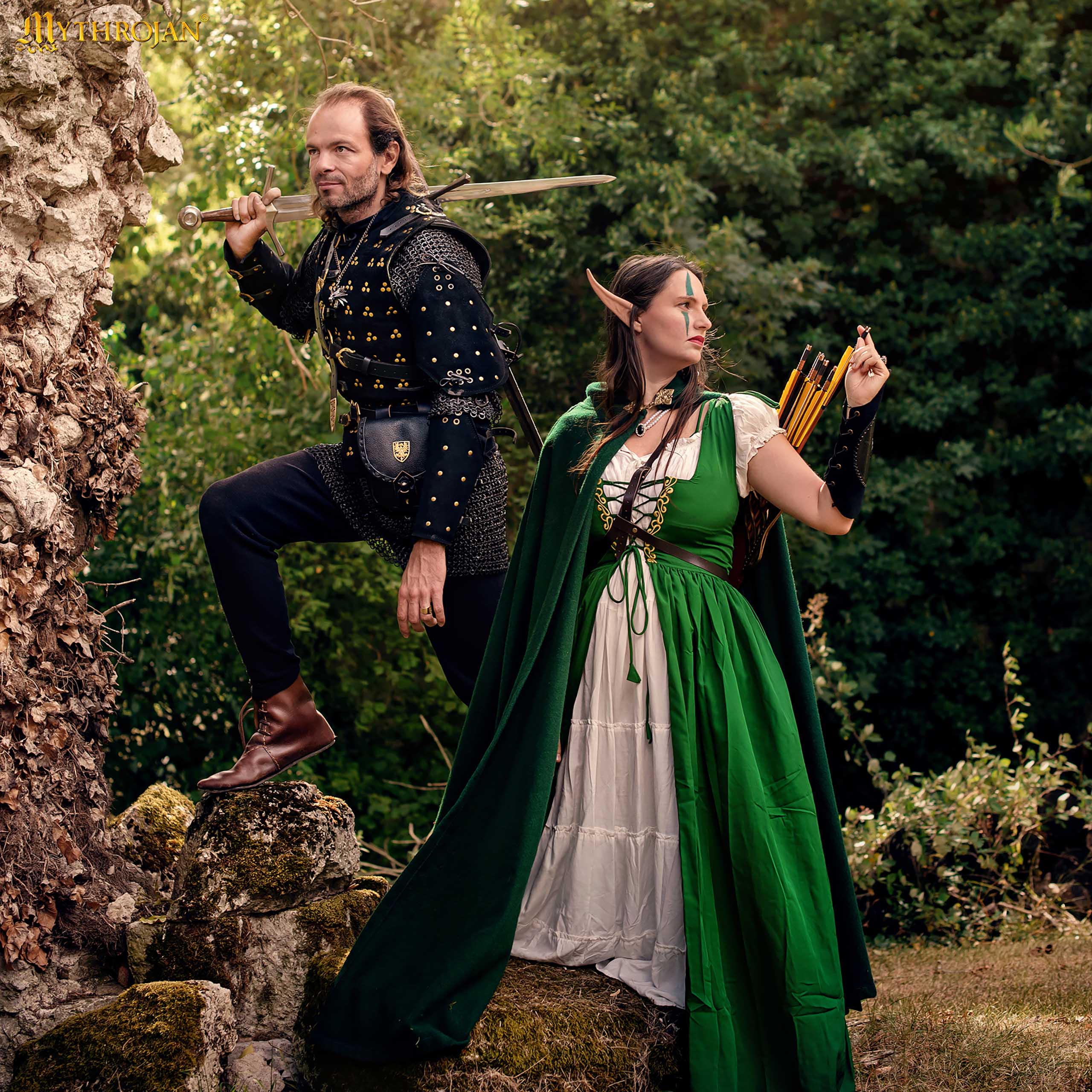 Mythrojan Woolen Hooded Cloak /Cape with BRASS BROOCH Medieval Wool Cape for Ranger LARP SCA Cosplay, Green , Large