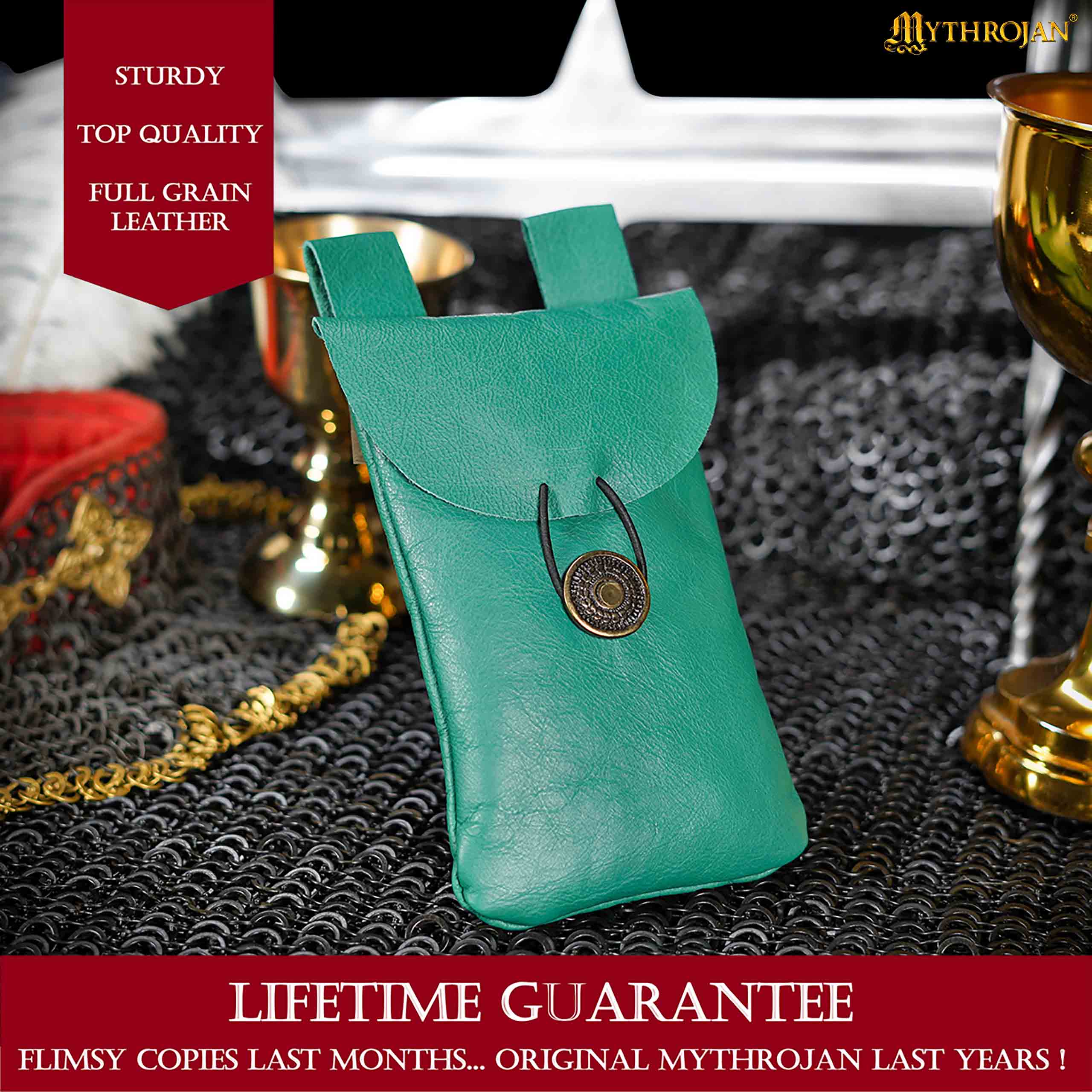 Mythrojan Leather Belt Bag, Ideal for SCA LARP Reenactment & Ren fair, Full Grain Leather, Green , 7.2 ”× 4.7 ”