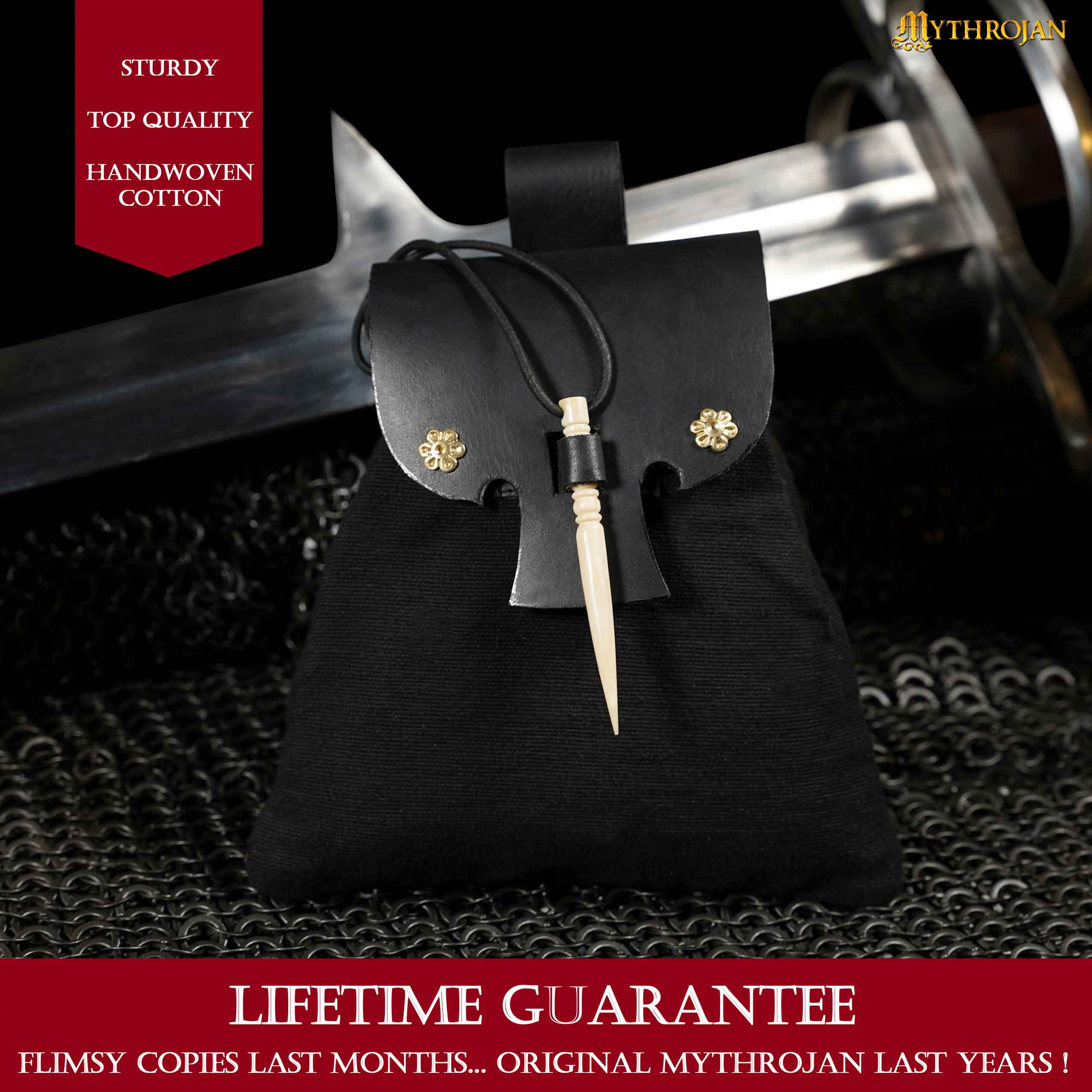 Mythrojan “Gold and Dice” Medieval Fantasy Belt Bag with Bone Needle Closure, Ideal for SCA LARP Reenactment & Ren fair, Black, 7”×7”