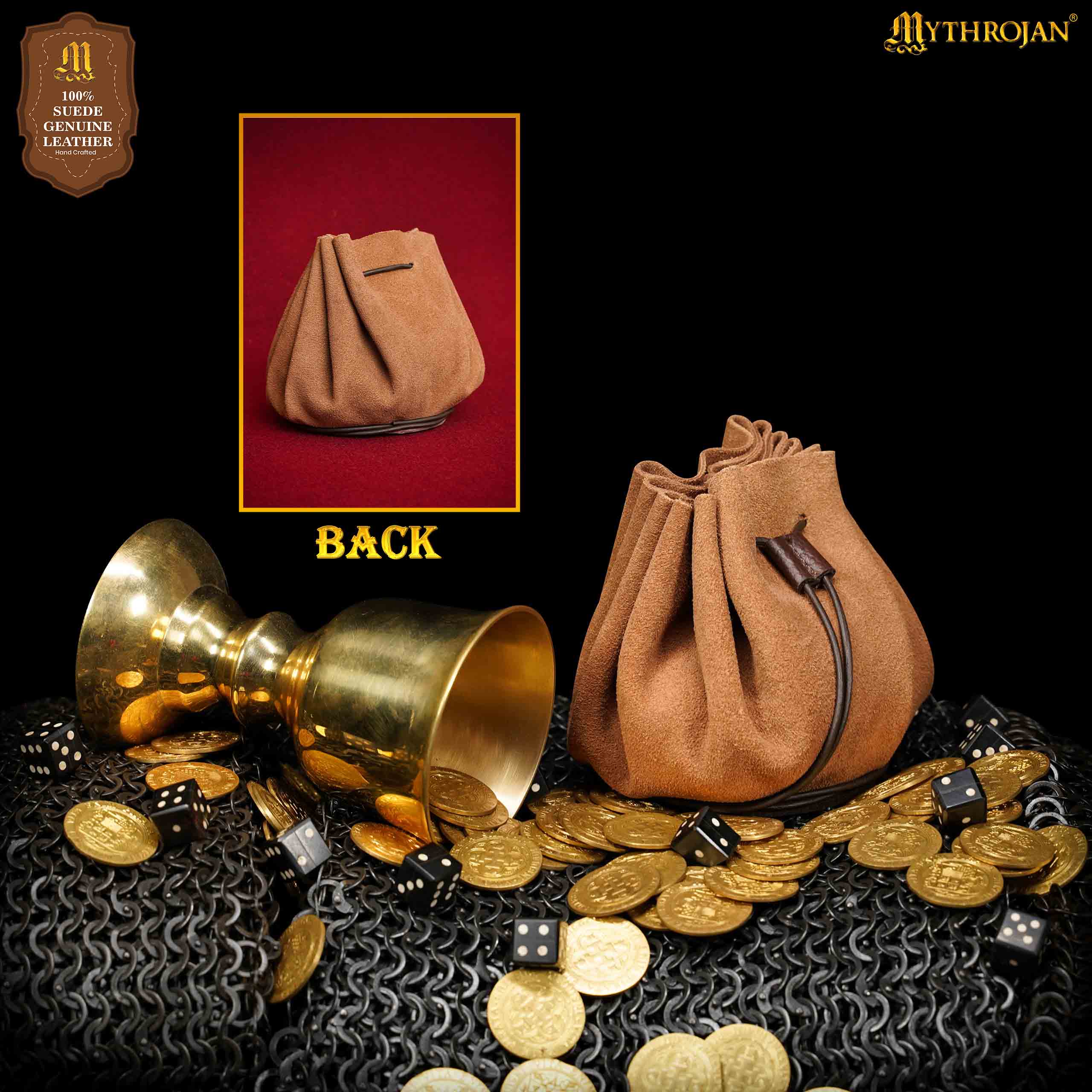Mythrojan “ Gold and Dice ” Medieval Drawstring Bag, Ideal for SCA LARP Reenactment & Ren fair - Suede Leather Pouch, Brown 3.5