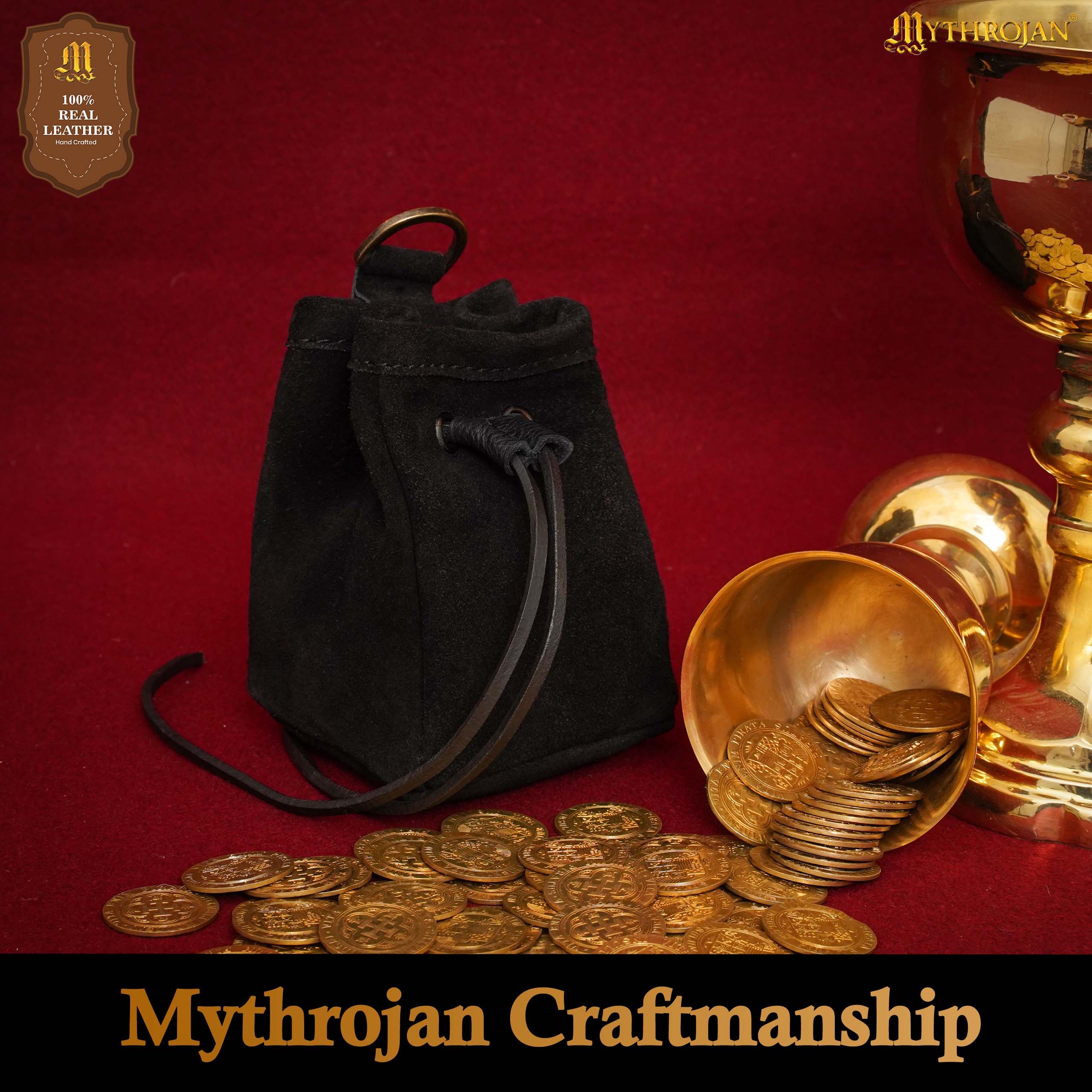 Mythrojan Medieval Drawstring Belt Bag, Ideal for SCA LARP Reenactment & Ren fair , Suede Leather , Black