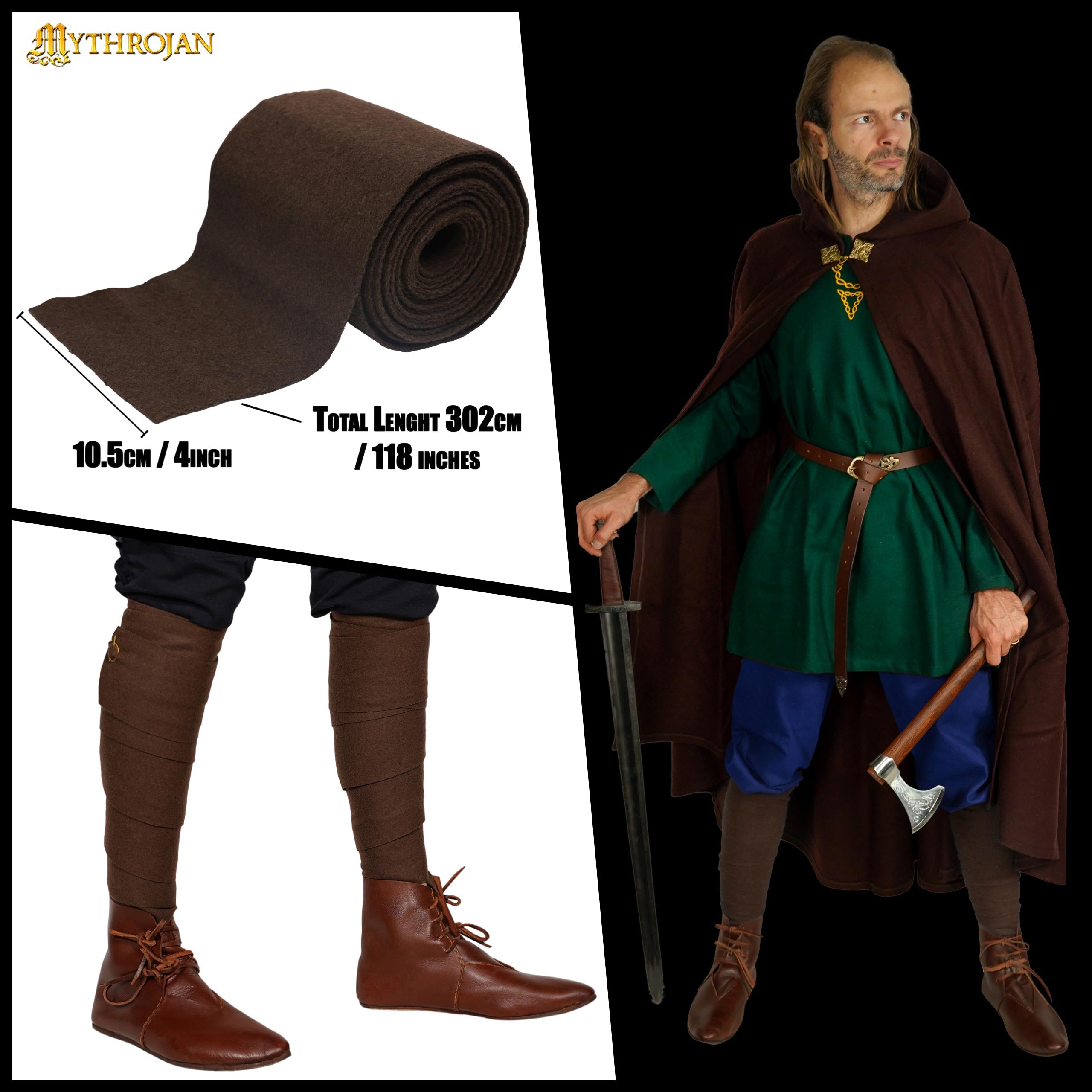 Mythrojan Viking / Northern / Saxon Woolen Leg Wraps / Winingas Ideal for Reenactment LARP SCA, Recycled Wool, Brown