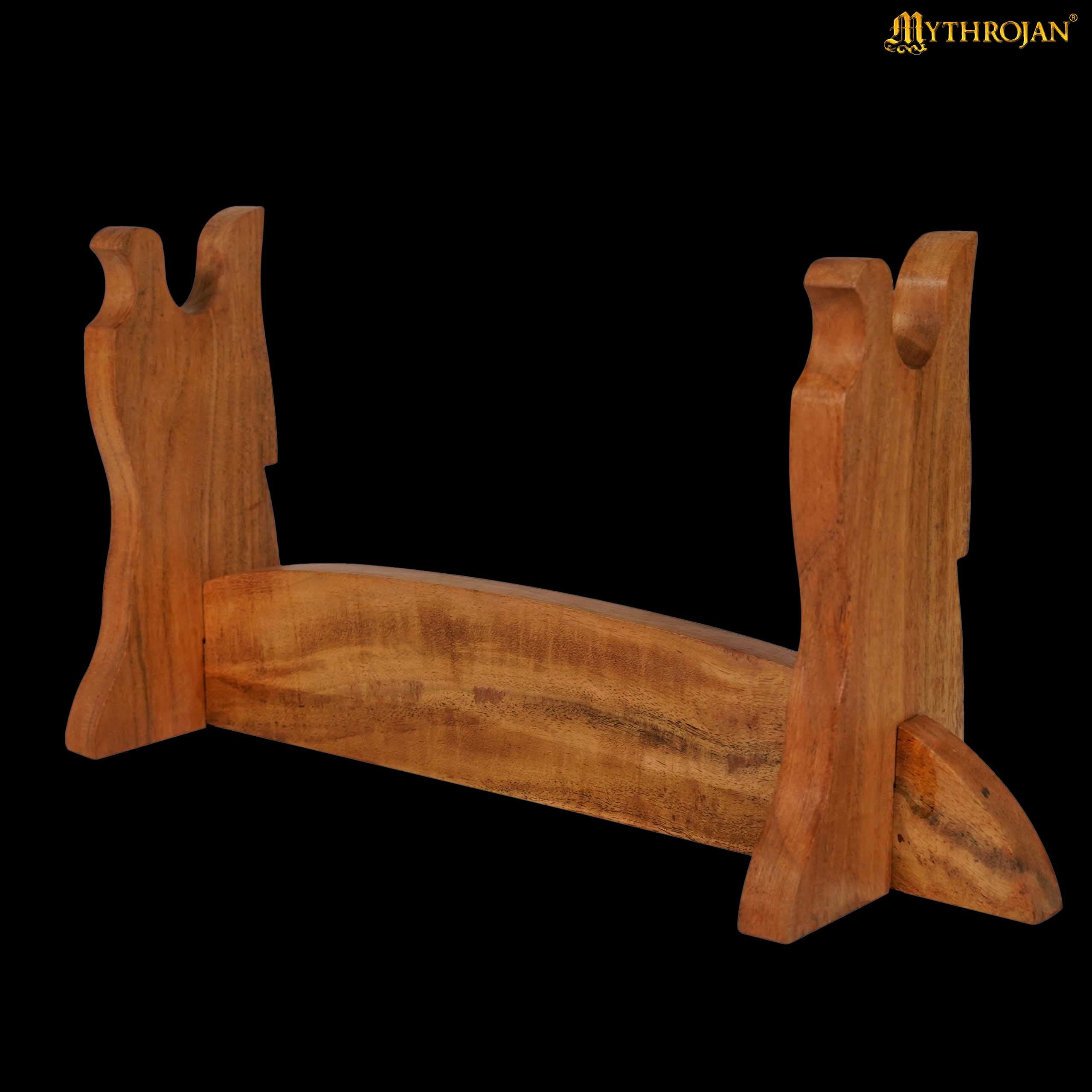 Mythrojan Solid Wood Sword Stand, also Ideal for Axe, Samurai Katana, Gladiator or Crusader Swords, One Tier Stand, 17”×8”