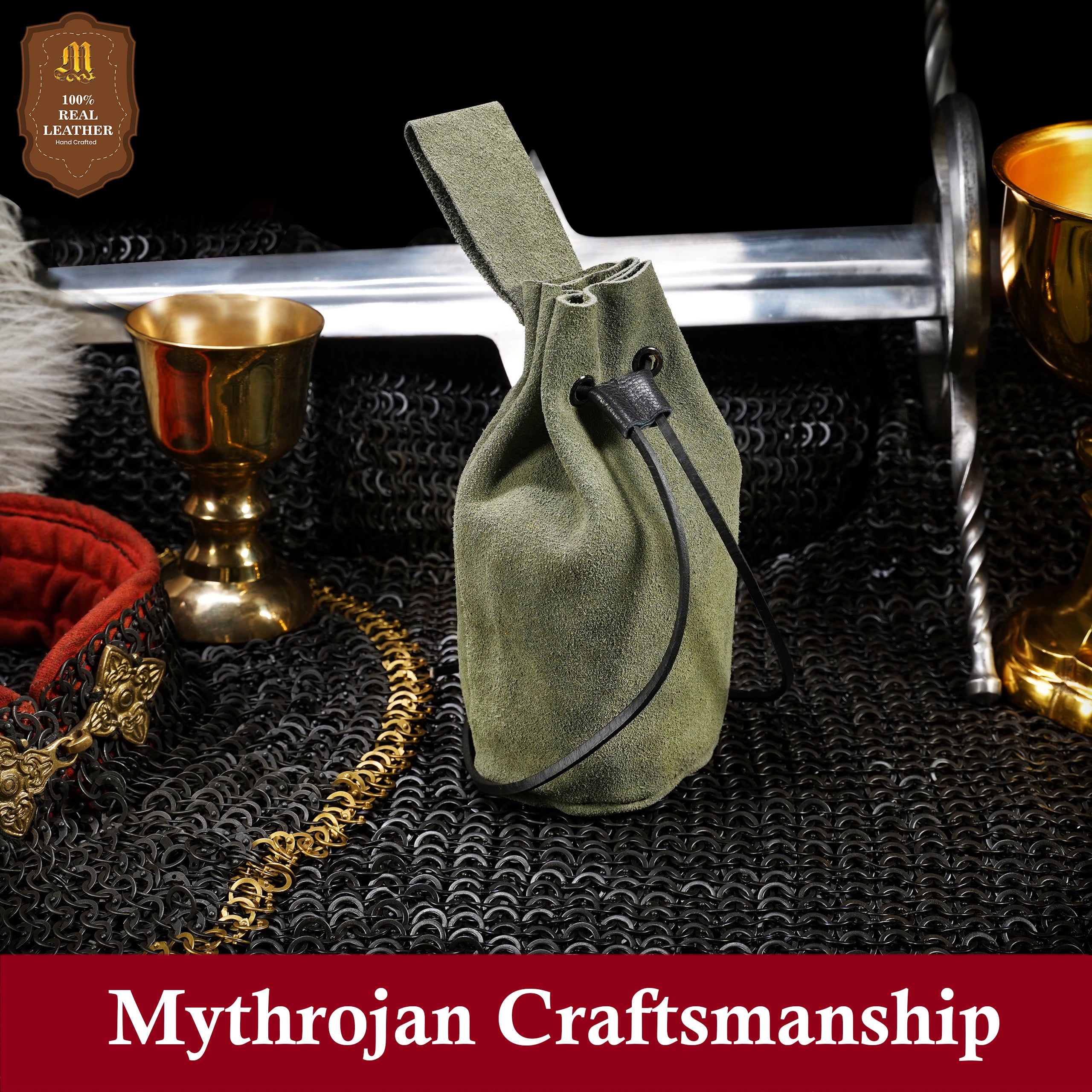 Mythrojan Medieval Drawstring Belt Bag, Ideal for SCA LARP Reenactment & Ren Fair, Suede Leather, Green, 8”×6.5”