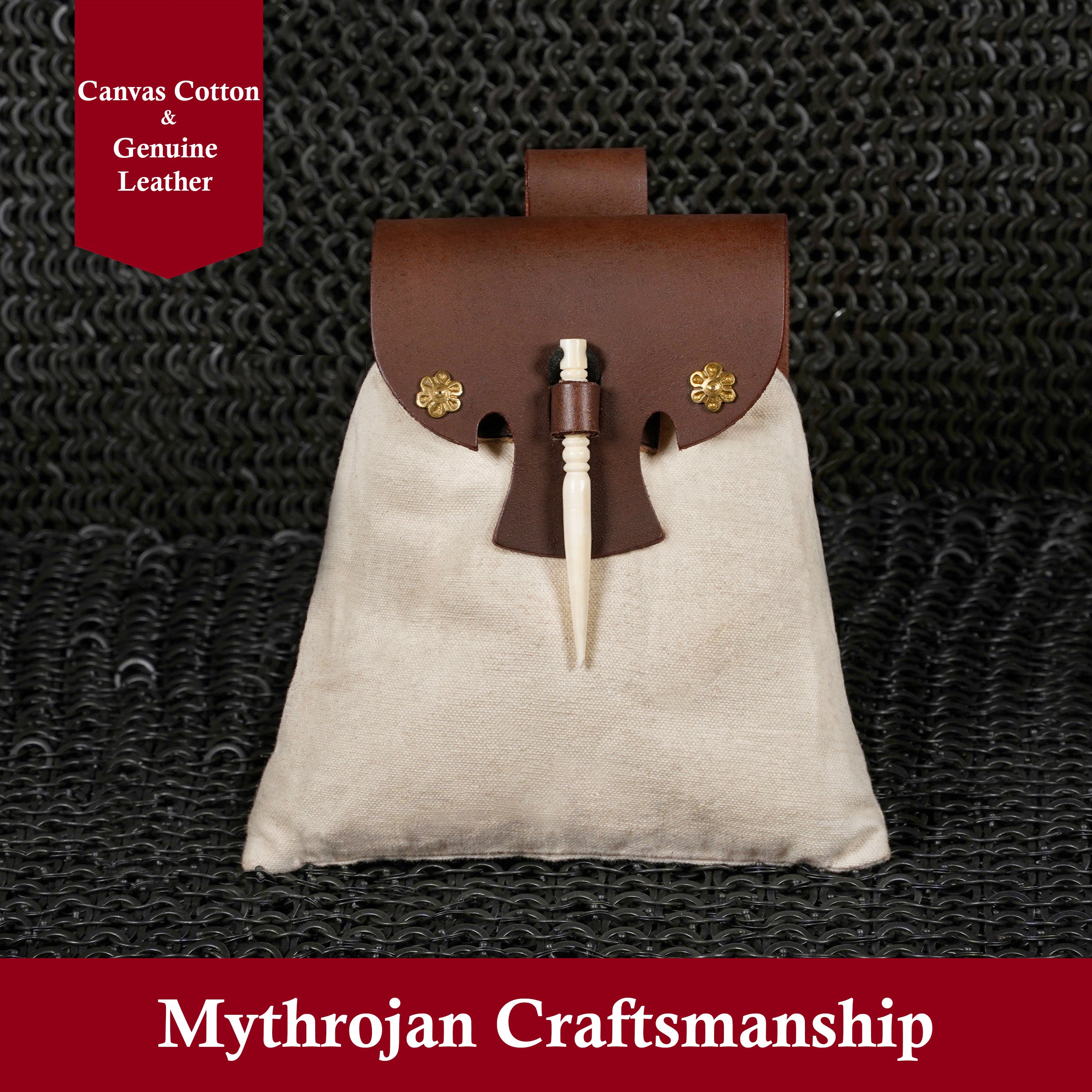 Mythrojan “Gold and Dice” Medieval Fantasy Belt Bag with Bone Needle Closure, Ideal for SCA LARP Reenactment & Ren fair, Brown and Ecru, 7”×7”