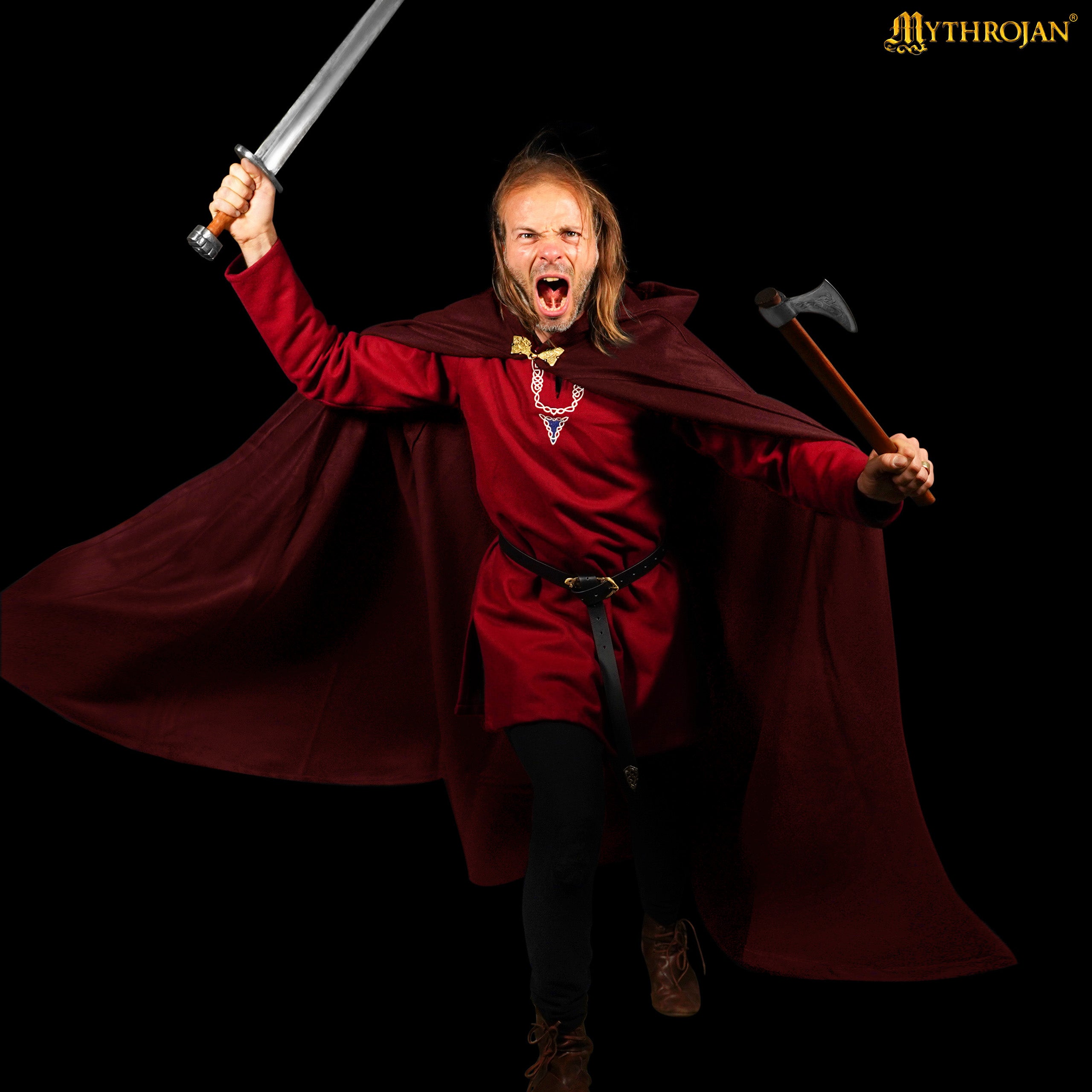 Mythrojan Woolen Hooded Cloak with Delicate Brass Brooch Medieval Wool Cape