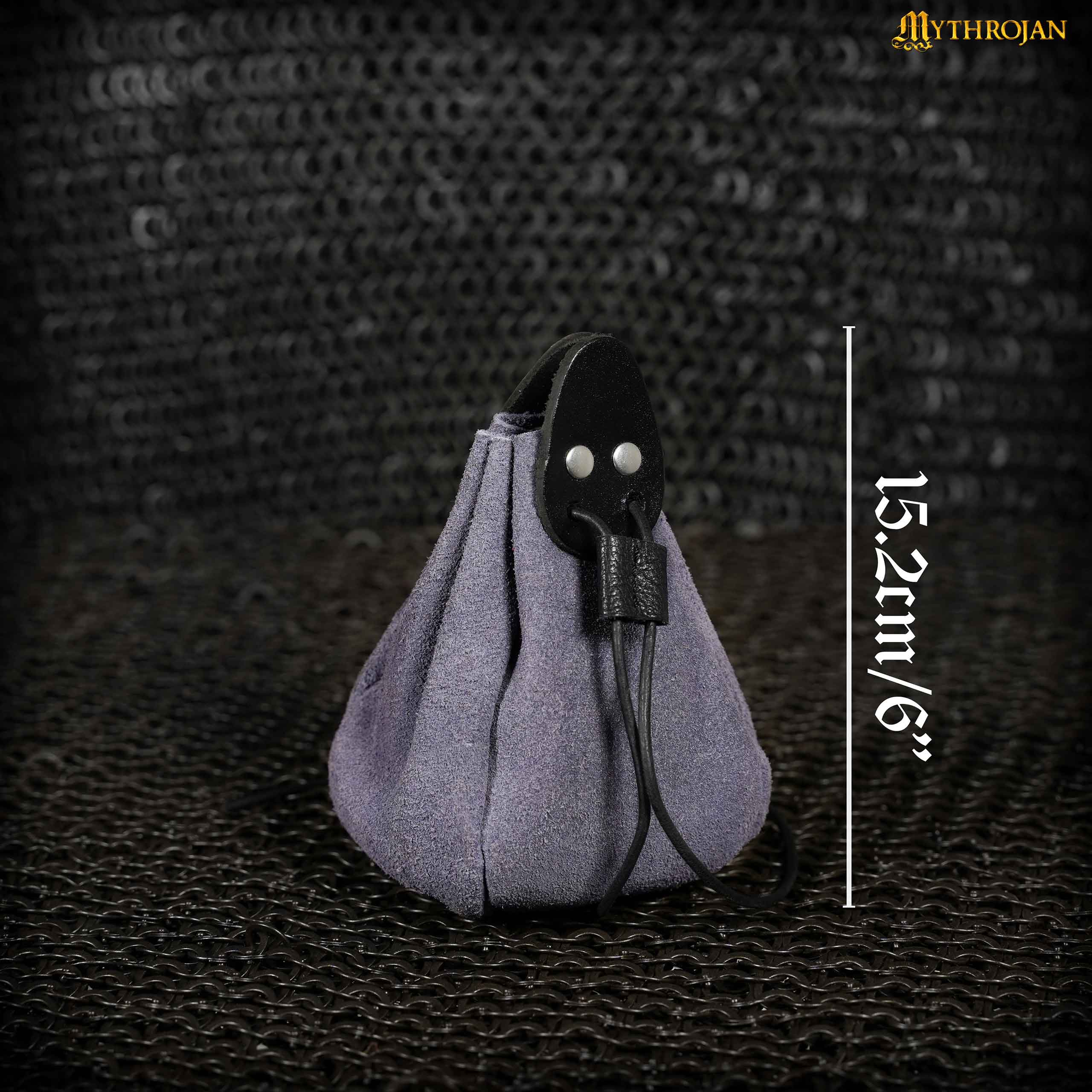 Mythrojan “Gold and Dice” Drawstring Pouch, ideal for SCA LARP reenactment & Ren fair-Suede Leather Pouch, Black and Dark Blue, 6