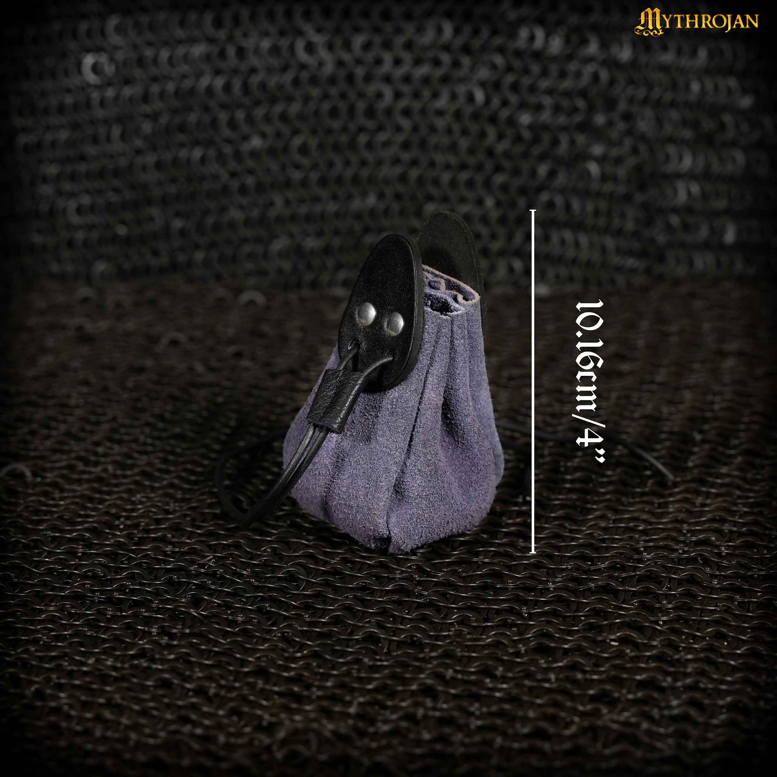 Mythrojan “Gold and Dice” Drawstring Pouch, ideal for SCA LARP reenactment & Ren fair-Suede Leather Pouch, Black and Dark Blue, 4”