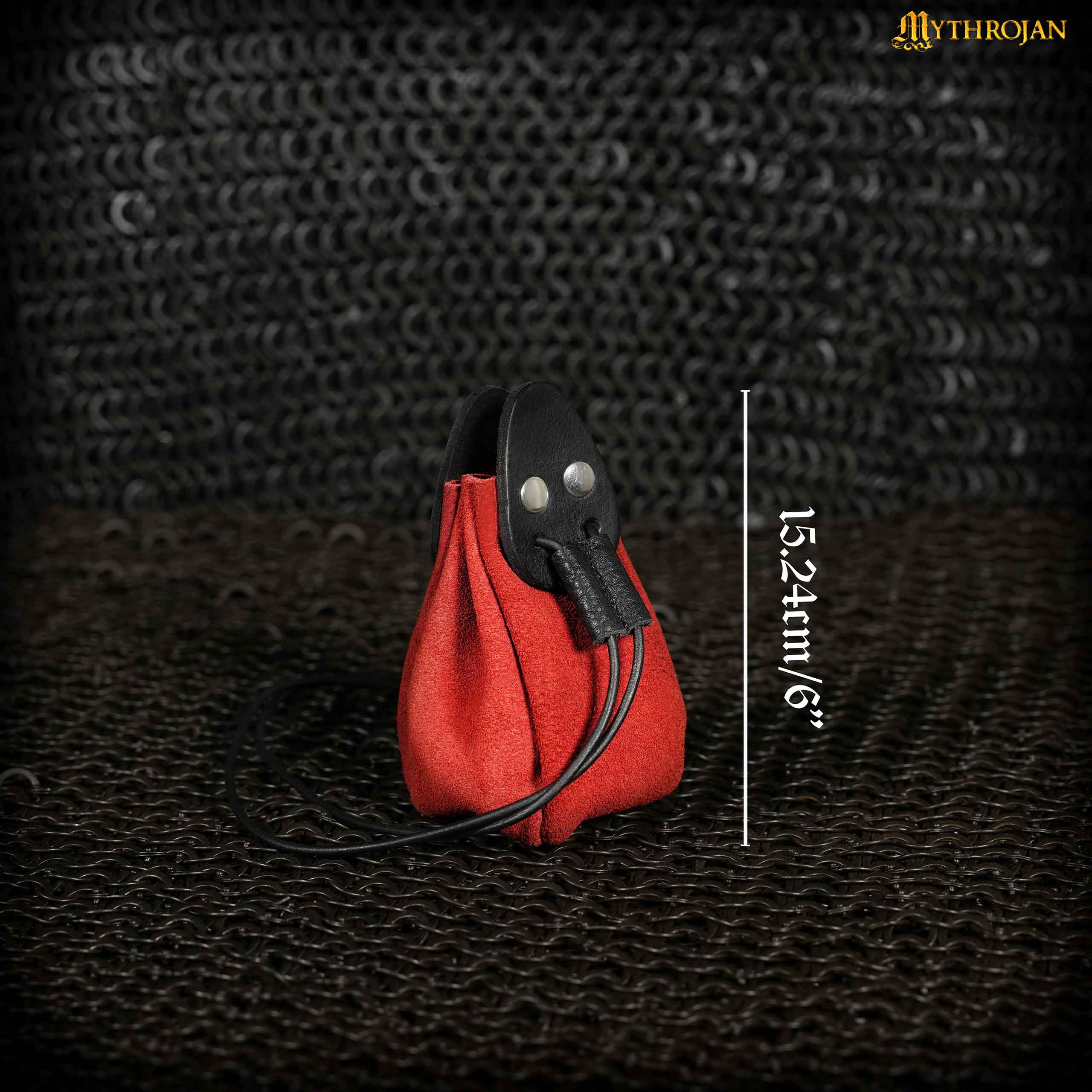 Mythrojan “Gold and Dice” Drawstring Pouch, Ideal for SCA LARP Reenactment & Ren fair - Suede Leather Pouch, Black and Red , 6 ”