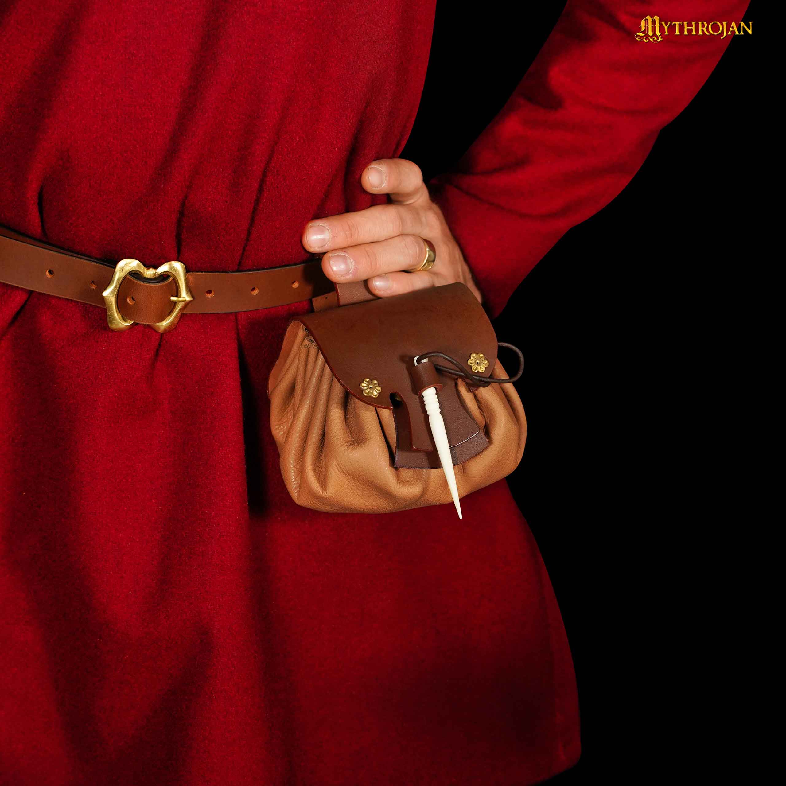 Mythrojan “Gold and Dice” Medieval Fantasy Belt Bag with Bone Needle Closure, Ideal for SCA LARP Reenactment & Ren fair, Brown, 3.5”