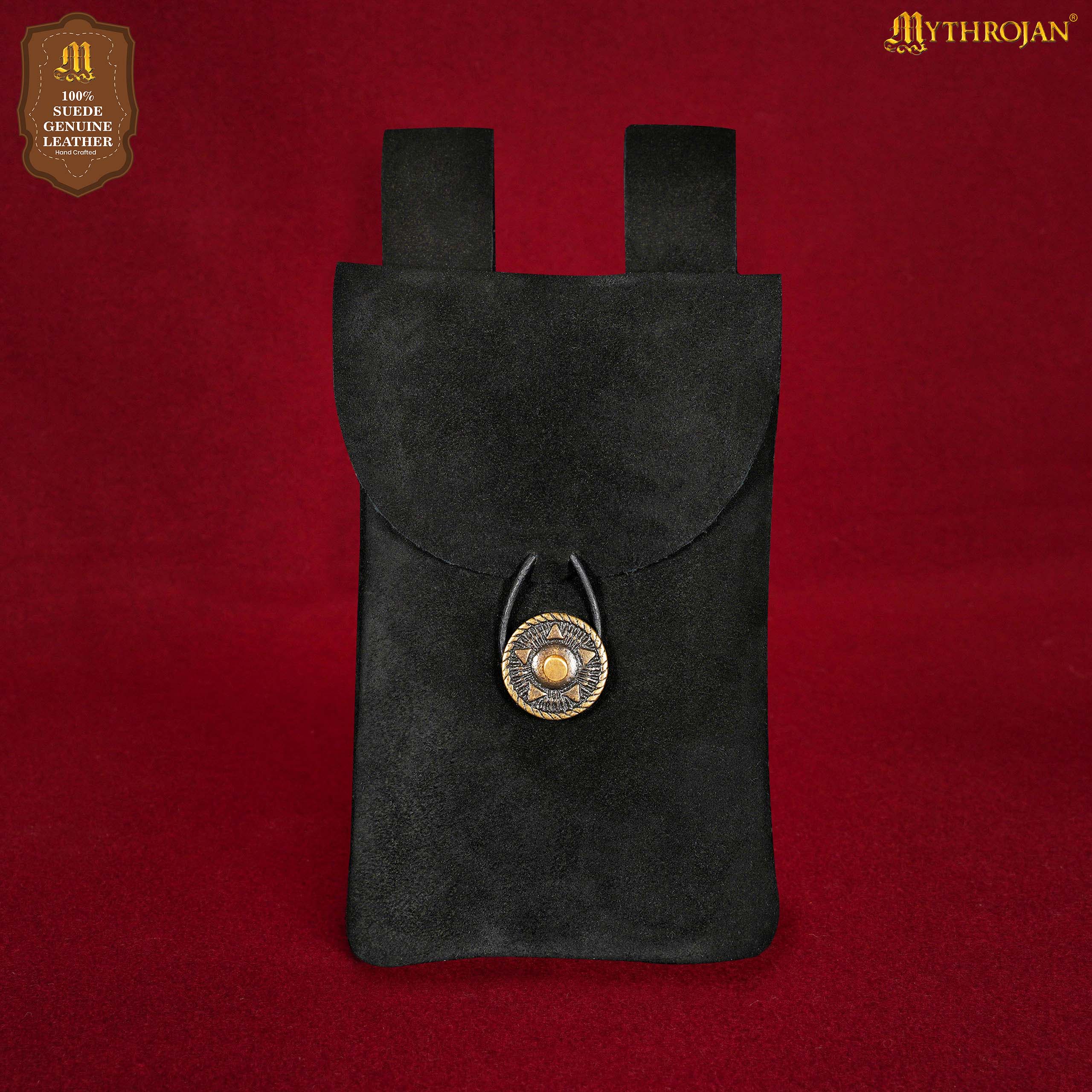 Mythrojan Suede Belt Bag, Ideal for SCA LARP Reenactment & Ren fair, Suede Leather, Black , 7.2 ”× 4.7 ”