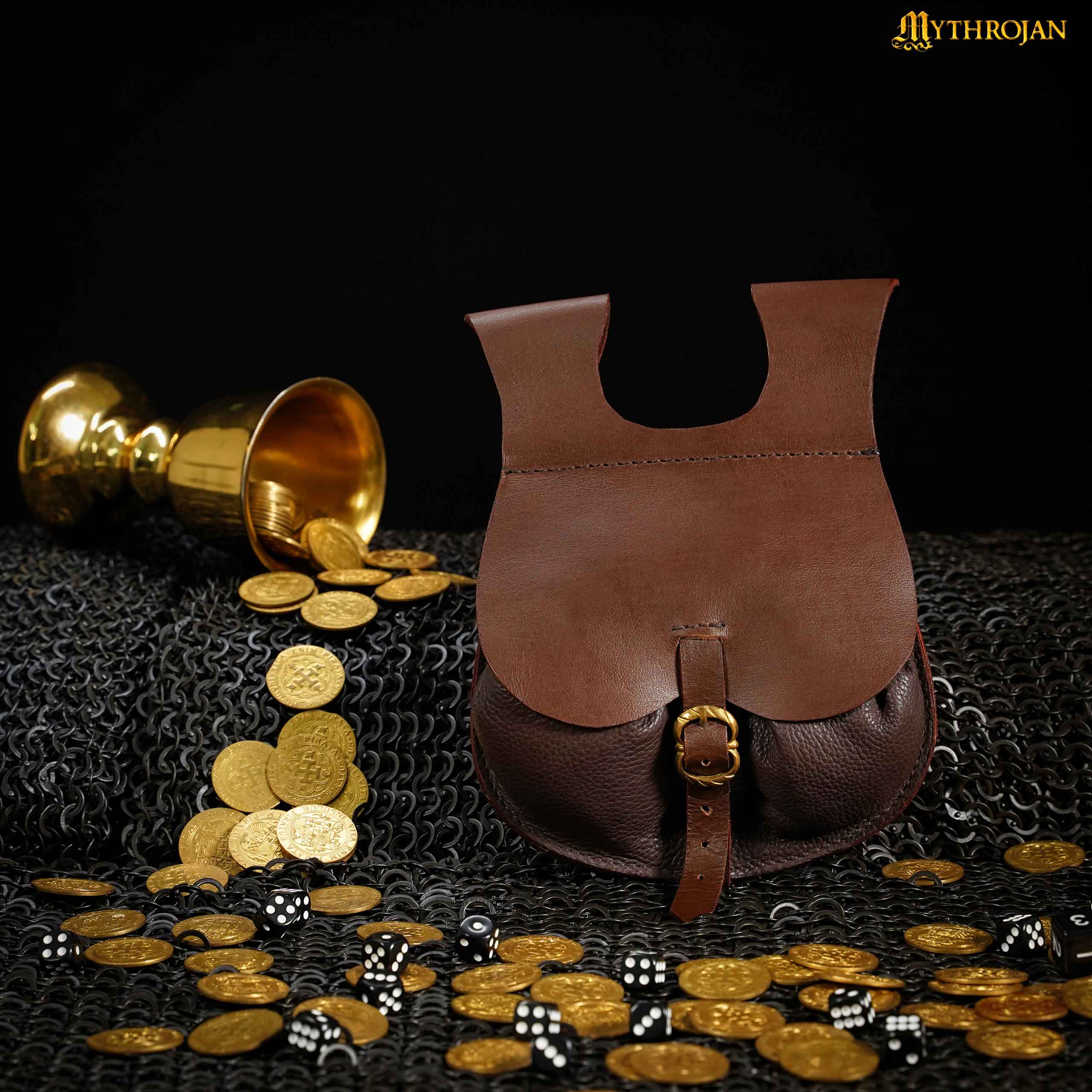 Mythrojan Medieval Belt Bag with Solid Brass Buckle , Ideal for Cosplay SCA LARP Reenactment & Ren fair, Full Grain Leather, Brown, 8.2 ” × 6.6”