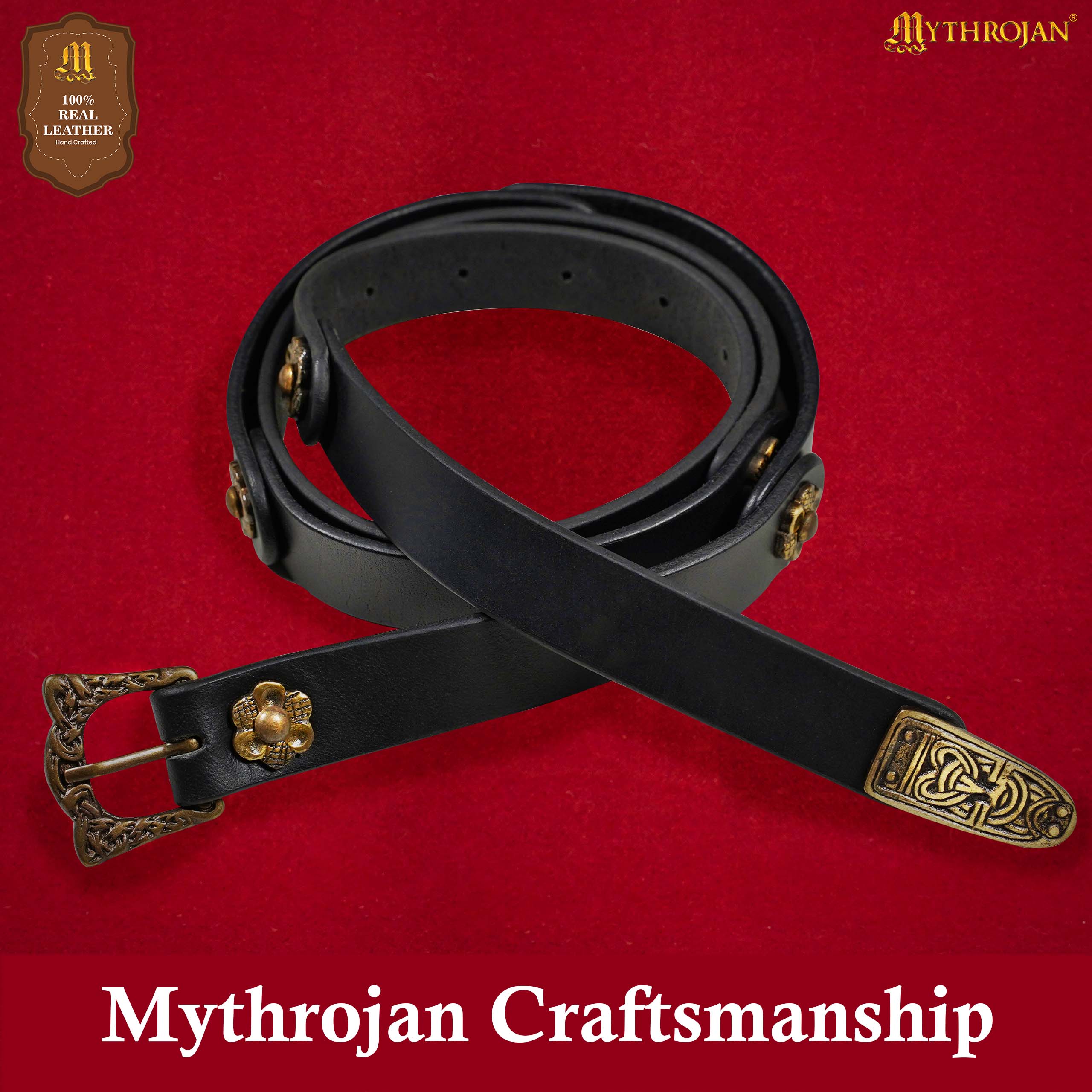 Mythrojan “Laguerta” Viking Leather Belt with Solid Brass historical Buckle and Chape, Ideal for shieldmaiden & warrior in LARP SCA Medieval Reenactment, BLACK