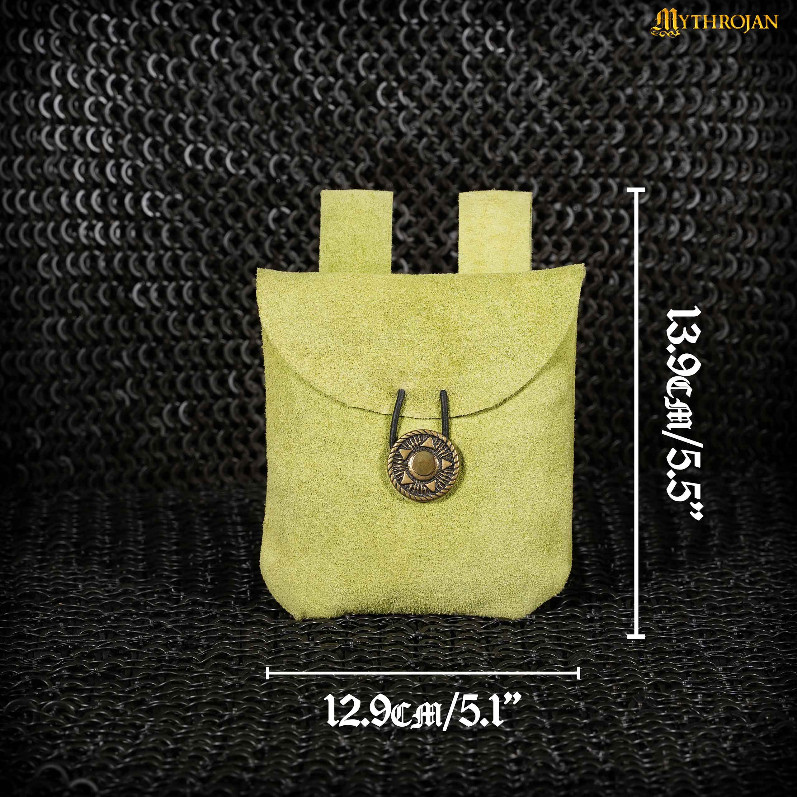 Mythrojan Suede Belt Bag, Ideal for SCA LARP Reenactment & Ren fair, Suede Leather, Olive , 5 .5”× 5.1 ”
