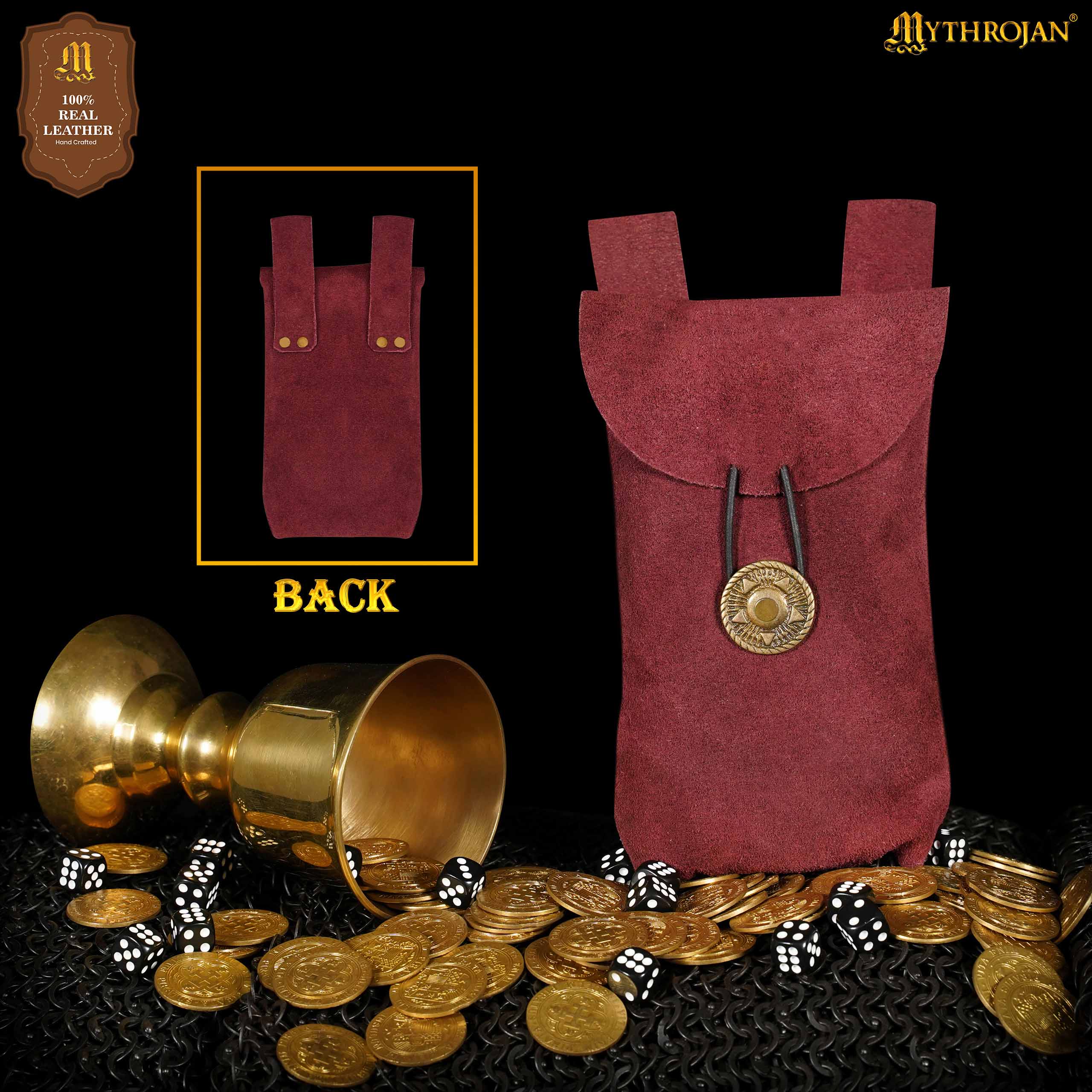 Mythrojan Suede Belt Bag, Ideal for SCA LARP Reenactment & Ren fair, Suede Leather, Wine Red , 7.2 ”× 4.7 ”