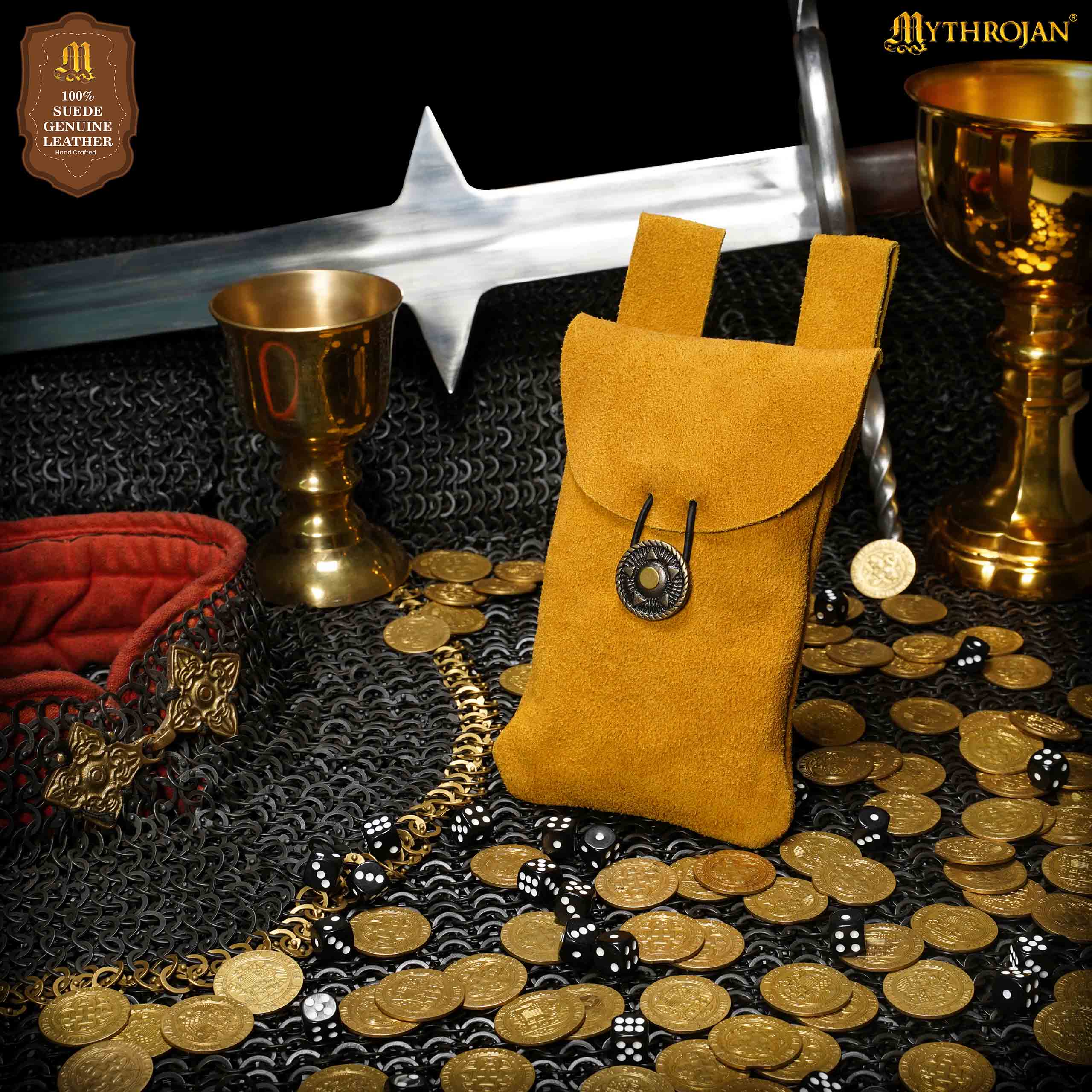 Mythrojan Suede Belt Bag, ideal for SCA LARP reenactment & Ren fair, Suede Leather, Yellow, 7.2”×4.7”