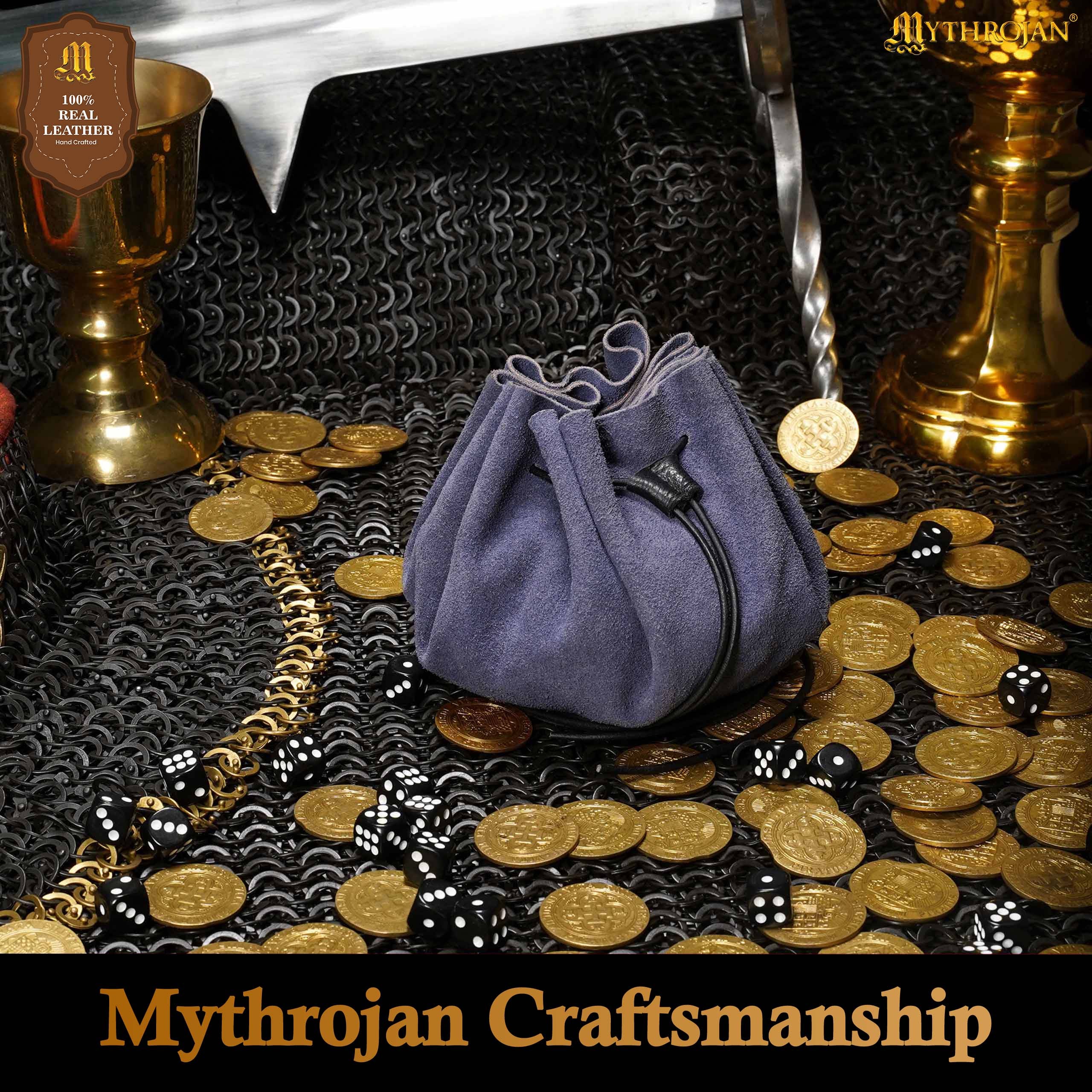 Mythrojan “ Gold and Dice ” Medieval Drawstring Bag, Ideal for SCA LARP Reenactment & Ren fair - Suede Leather Pouch, Blue 3.5”
