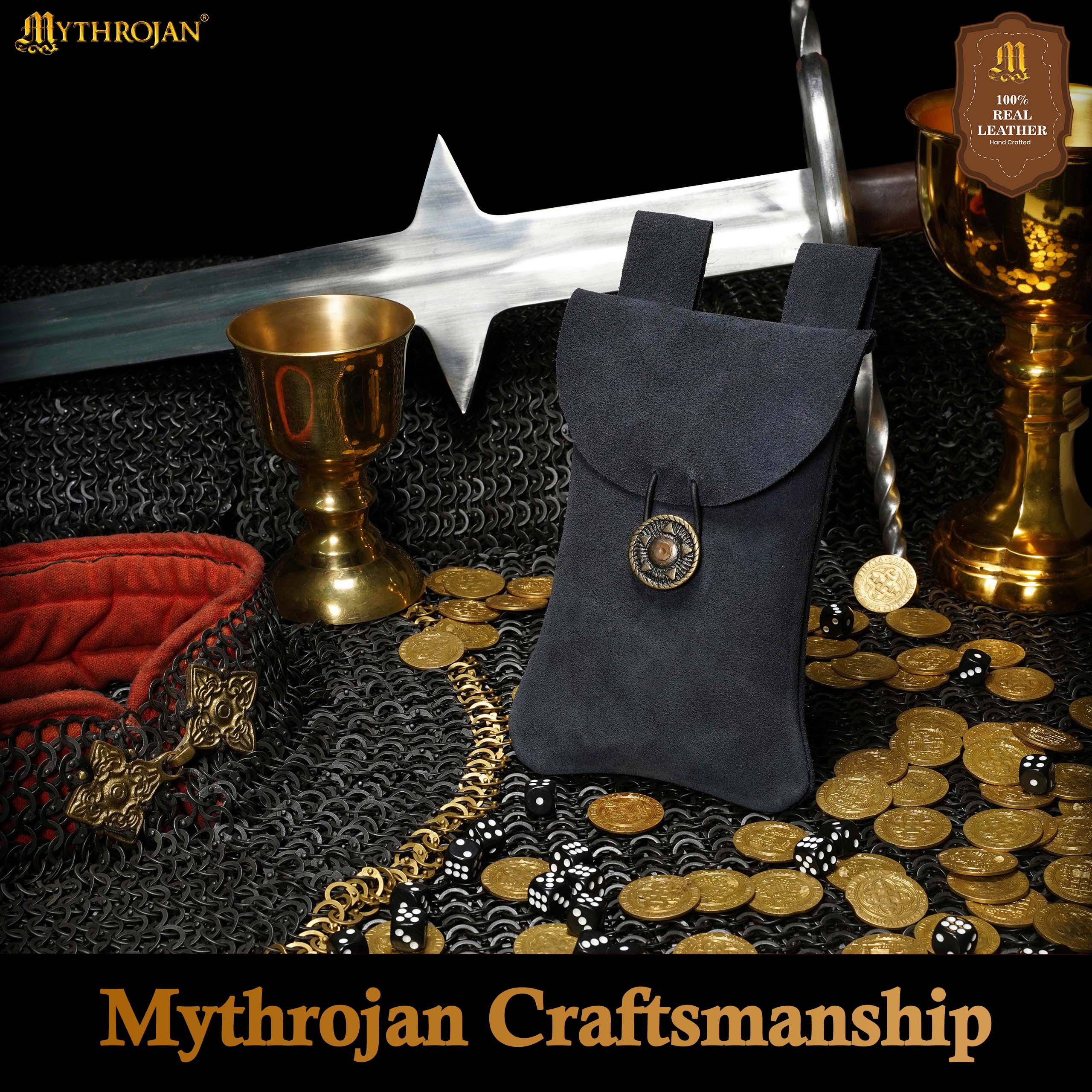 Mythrojan Suede Belt Bag, ideal for SCA LARP reenactment & Ren fair, Suede Leather, Midnight Navy Blue, 7.2”×4.7”
