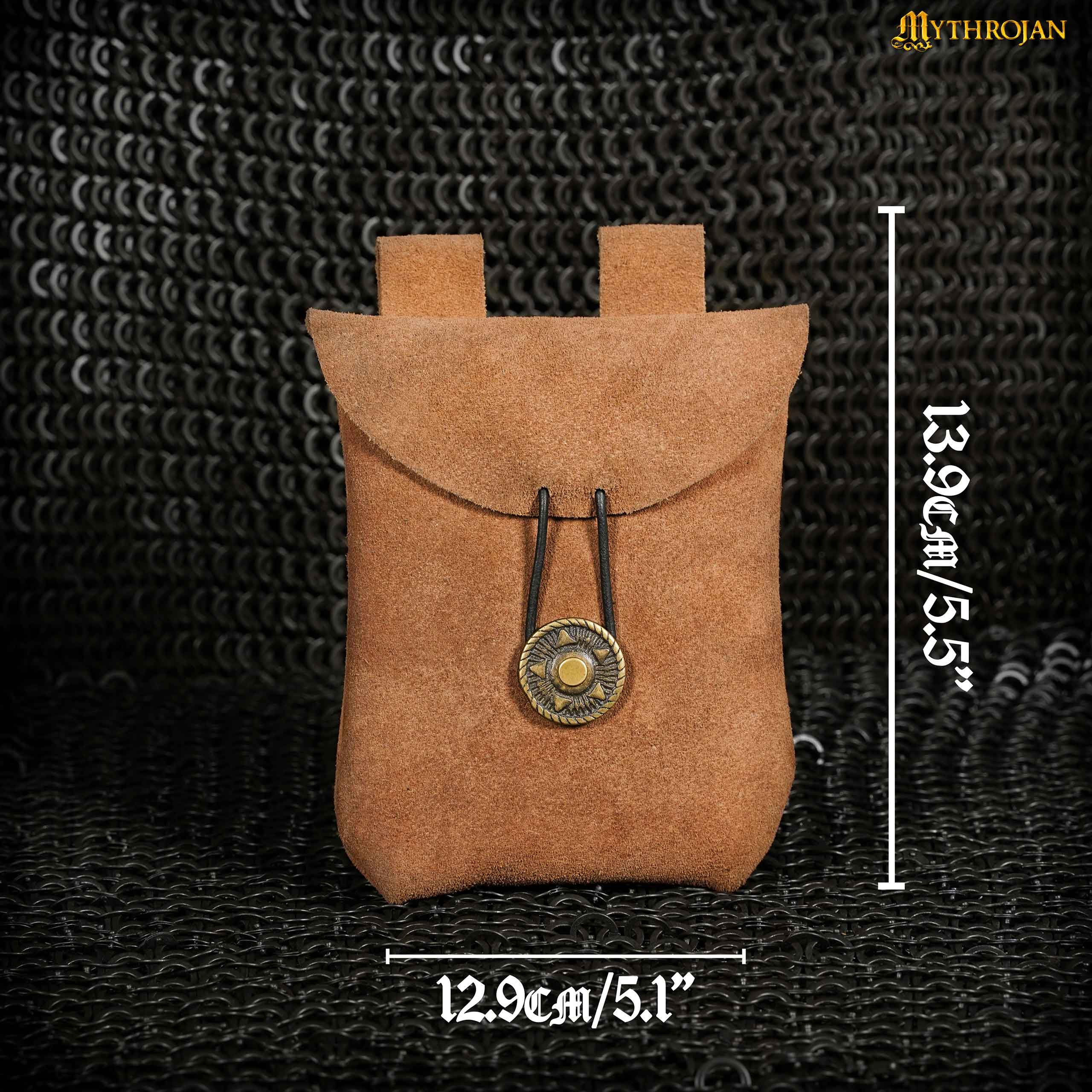 Mythrojan Suede Belt Bag, Ideal for SCA LARP Reenactment & Ren fair, Suede Leather, Brown , 5 .5”× 5.1 ”