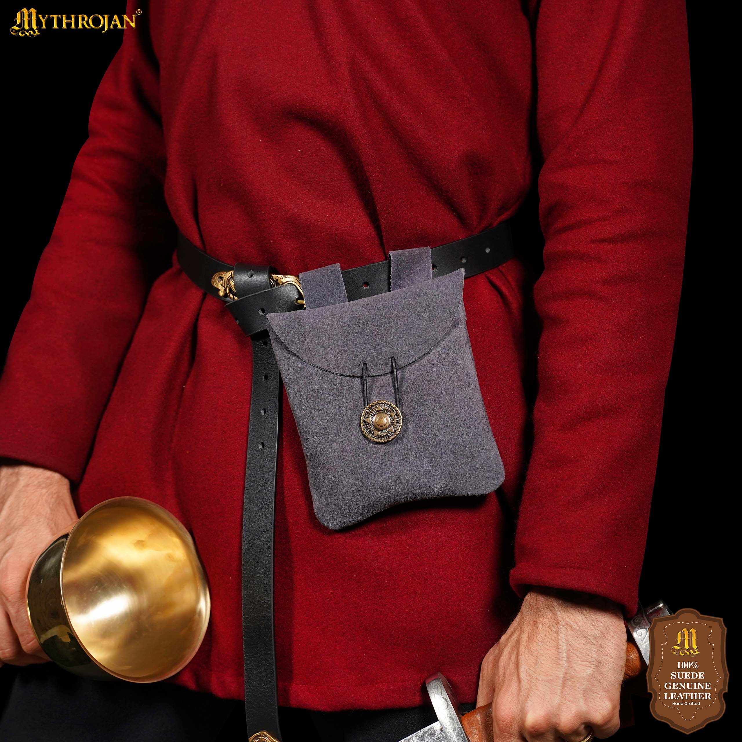 Mythrojan Suede Belt Bag, Ideal for SCA LARP Reenactment & Ren fair, Suede Leather, Blue , 5 .5”× 5.1 ”