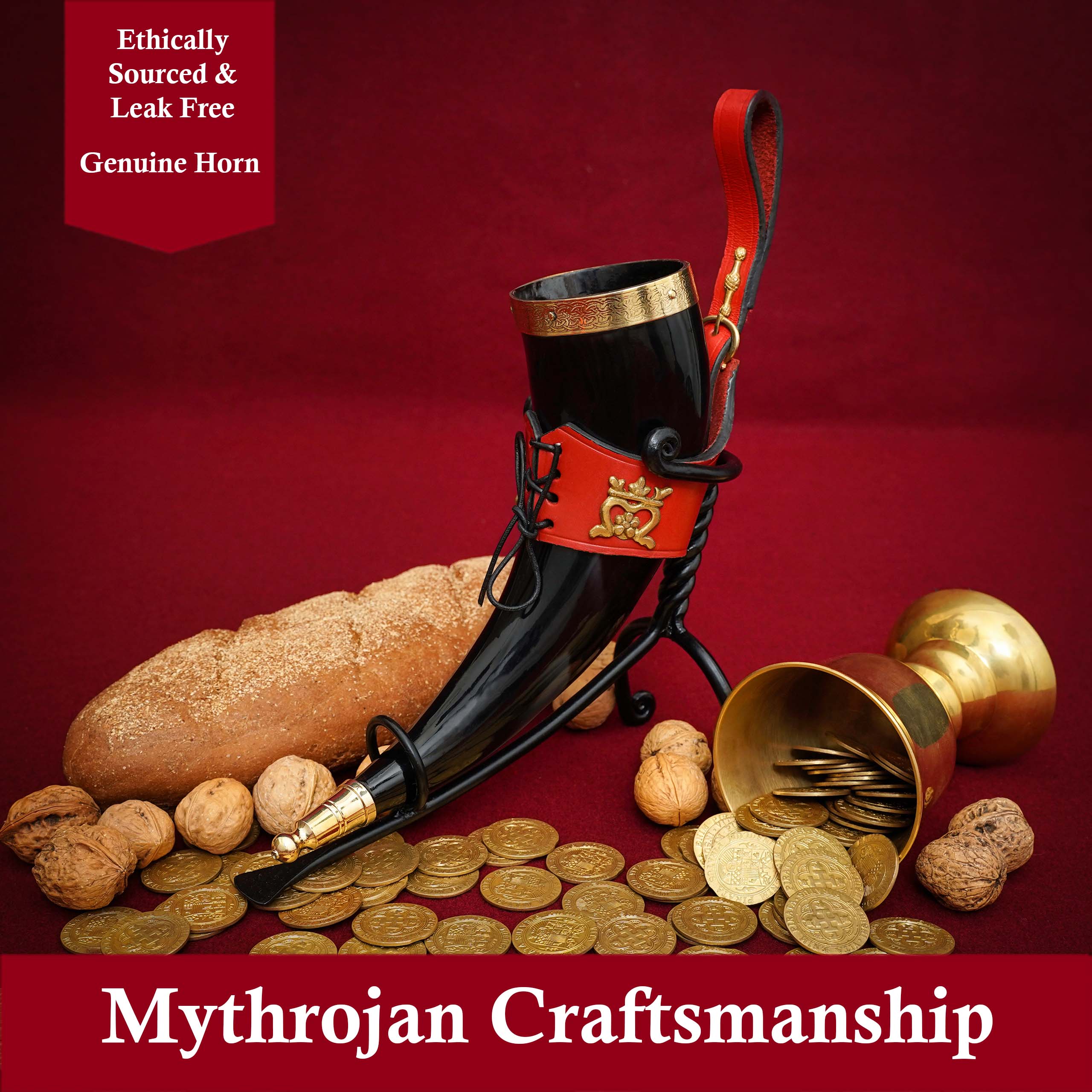 Mythrojan THE ELEGANT LADY Viking Drinking Horn with Red Leather holder Authentic Medieval Inspired Viking Wine/Mead Mug - Polished Finish - 350ML