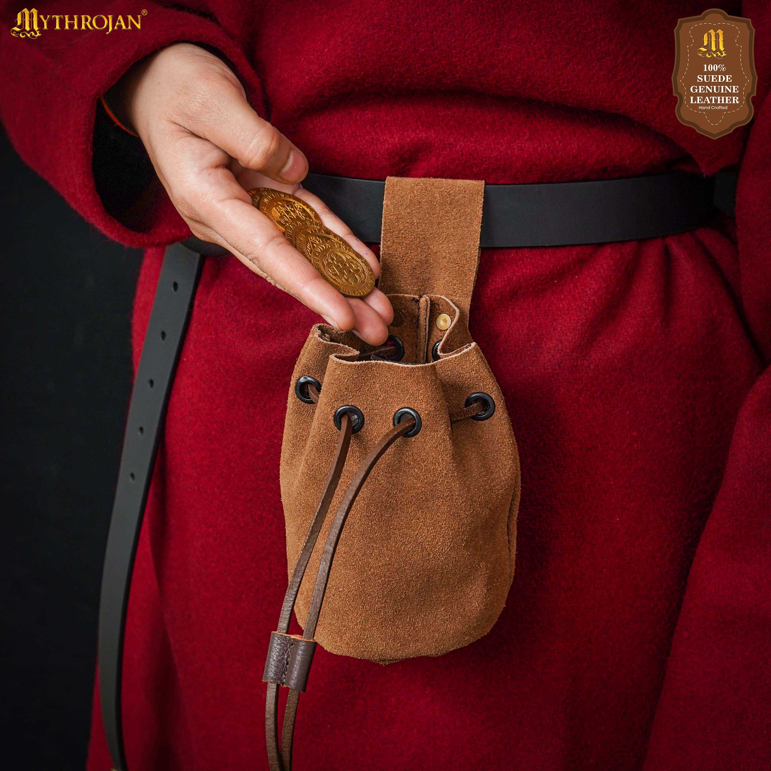 Mythrojan Medieval Drawstring Belt Bag, Ideal for SCA LARP Reenactment & Ren fair , Suede Leather , Brown 6” ×5 ”