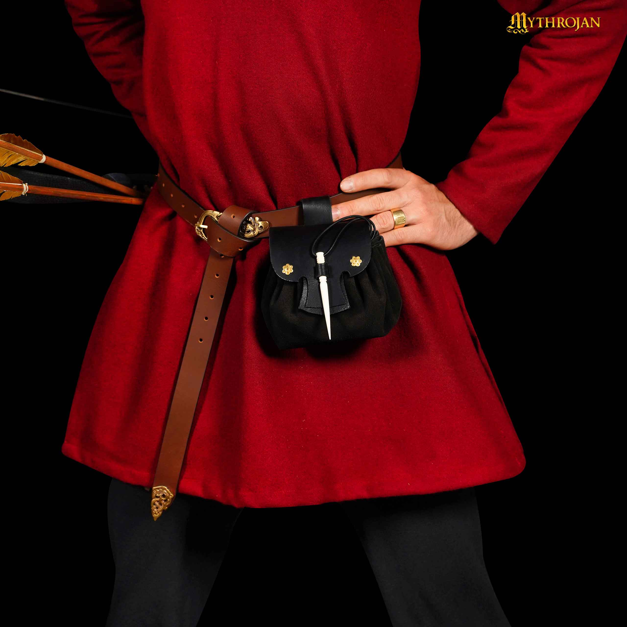 Mythrojan “ Gold and Dice ” Medieval Fantasy Belt Bag with Bone Needle Closure, Ideal for SCA LARP Reenactment & Ren fair, Black, 3.5”