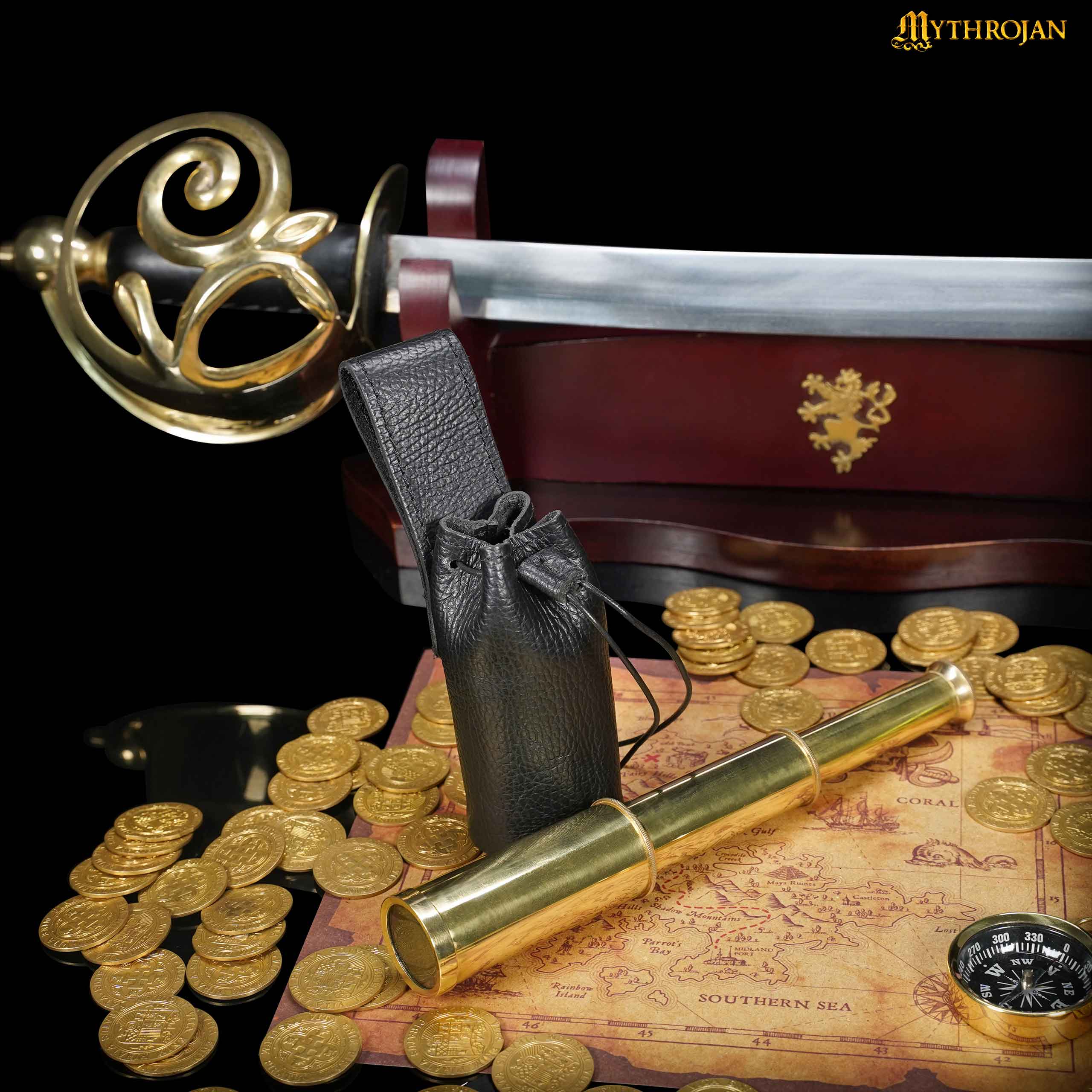 Mythrojan Pirate’s Spyglass Drawstring Belt Pouch, Ideal for Pirate cutthroat Cosplay SCA LARP, Full Grain Leather, Black, Small