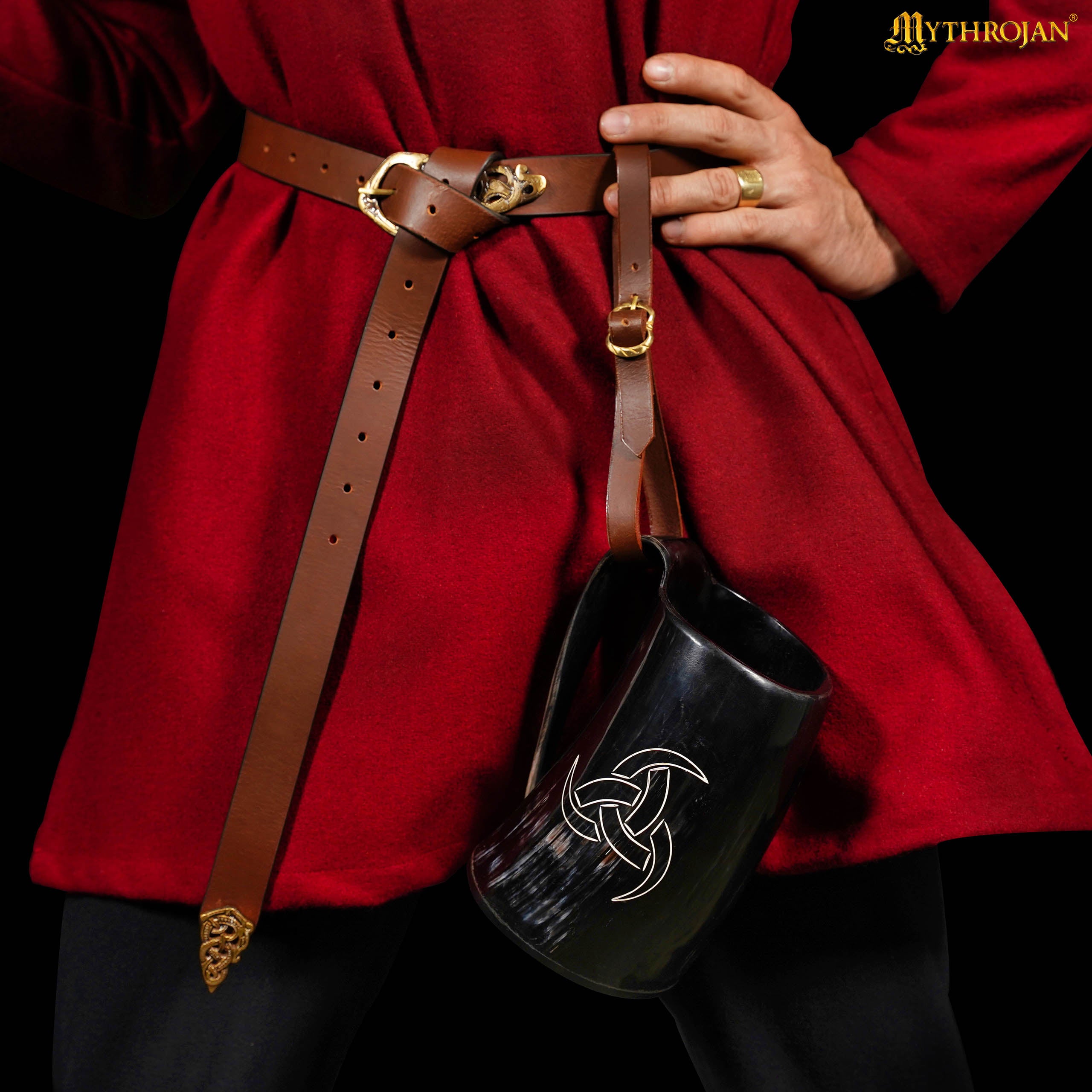 Mythrojan Viking Drinking Tankard with Medieval Buckle Leather Strap Wine Beer Mead Mug - Polished Finish – Odin’s Tankard