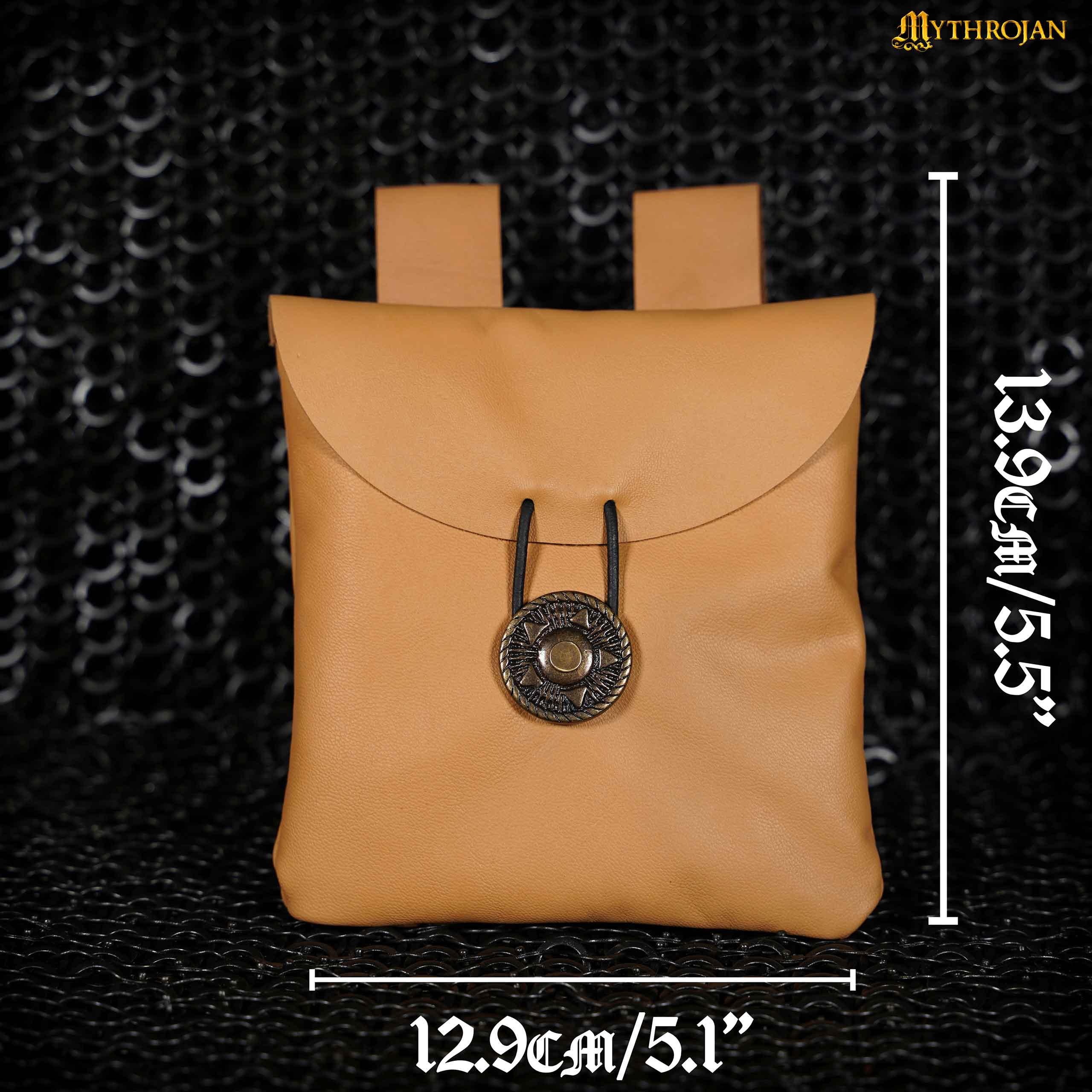 Mythrojan Leather Belt Bag, Ideal for SCA LARP Reenactment & Ren fair, Full Grain Leather, Natural , 5 .5”× 5.1 ”