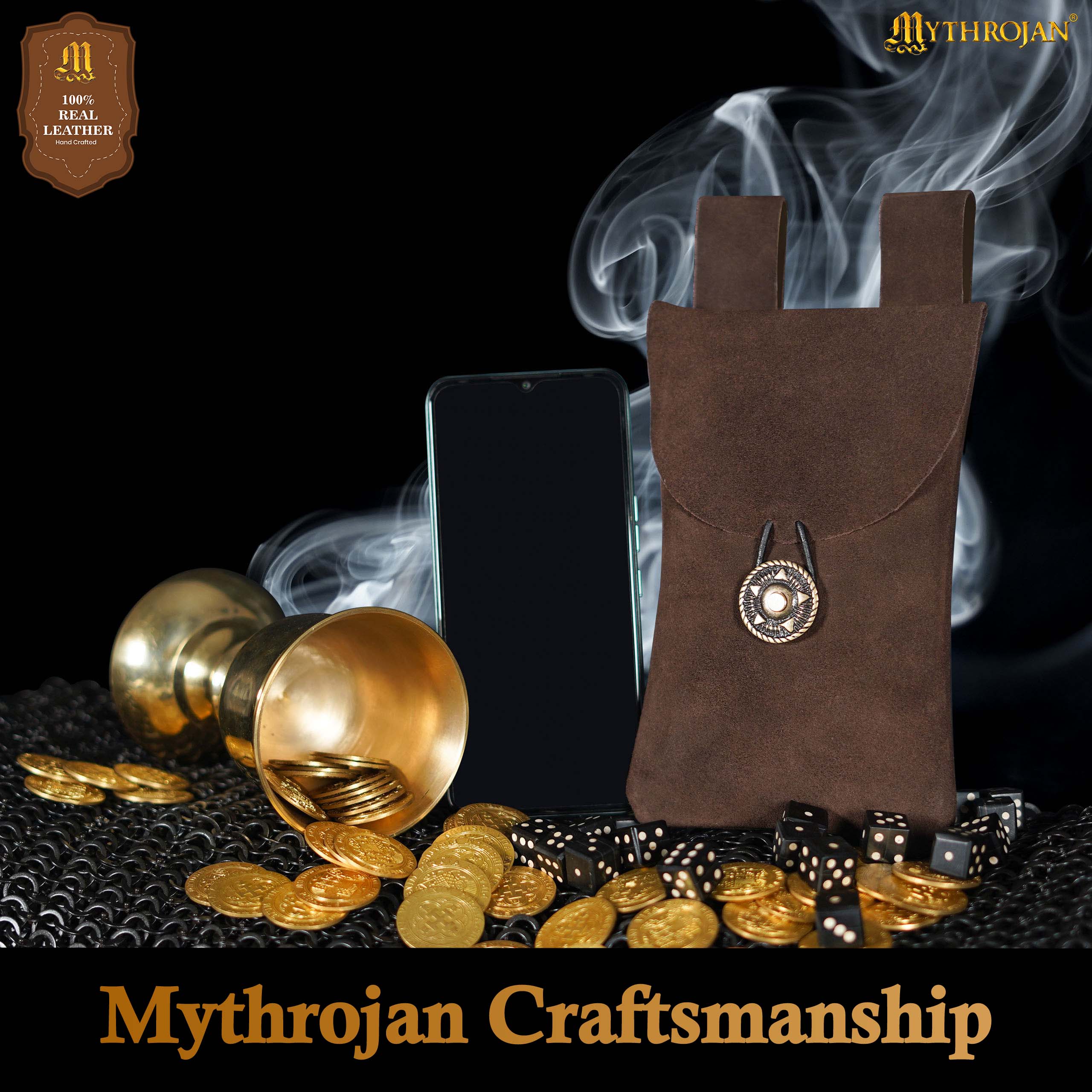 Mythrojan Suede Belt Bag, Ideal for SCA LARP Reenactment & Ren fair, Suede Leather, Chocolate Brown , 7.2 ”× 4.7 ”